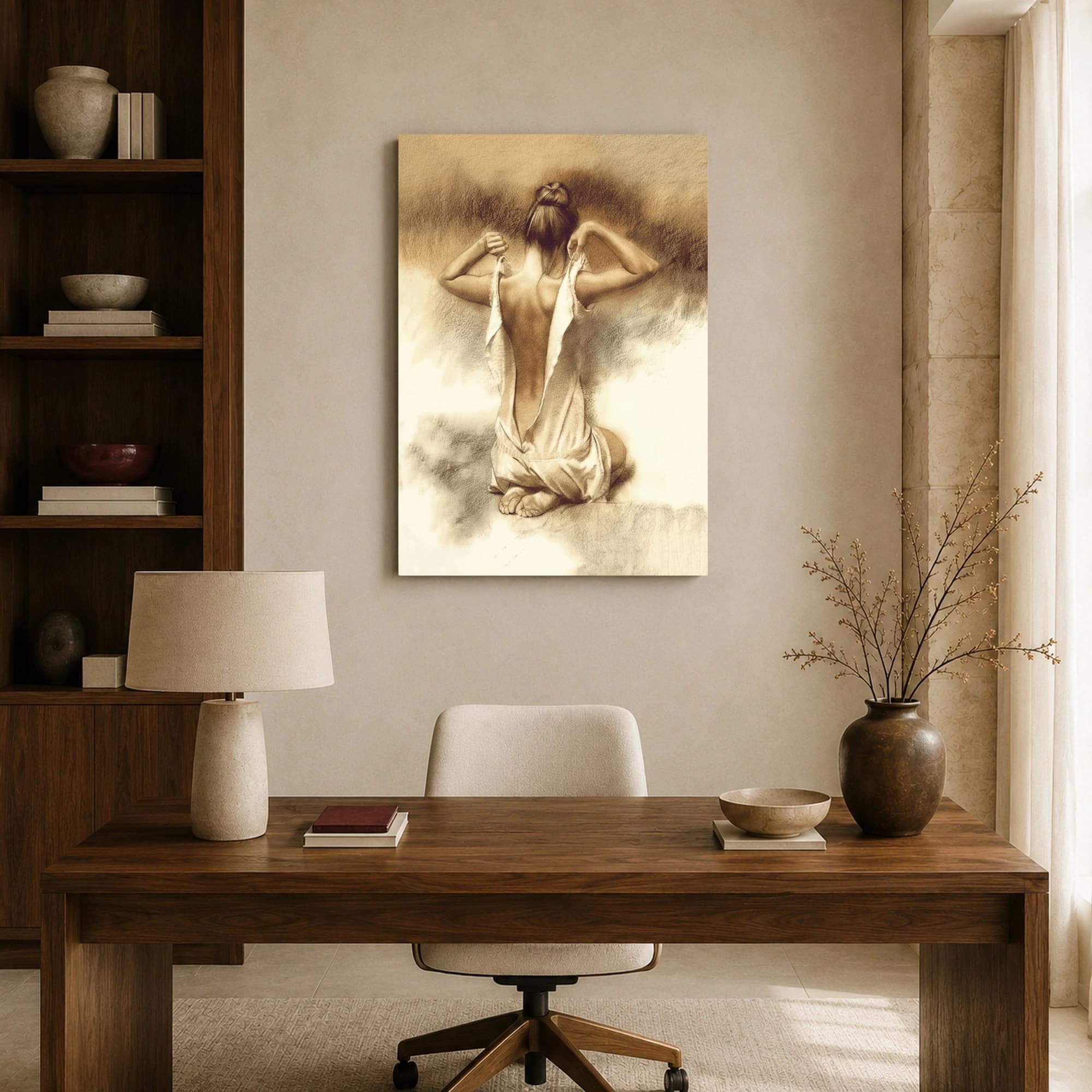 Kneeling Woman Undressing Charcoal Drawing Art Print, view 8