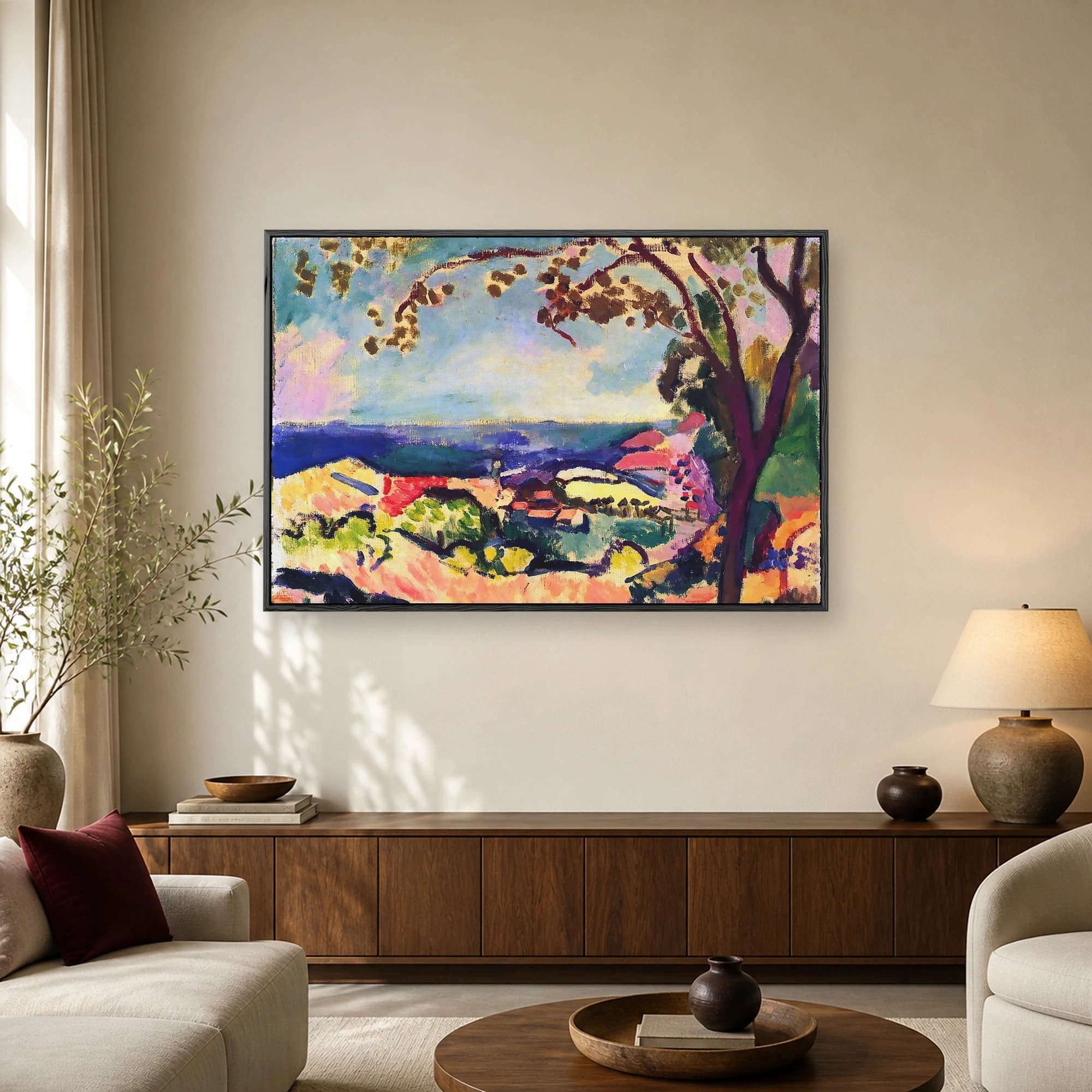 An expressionist painting depicting a coastal landscape with a dark purple framing tree, rolling yellow hills, red rooftops, and a blue sea.