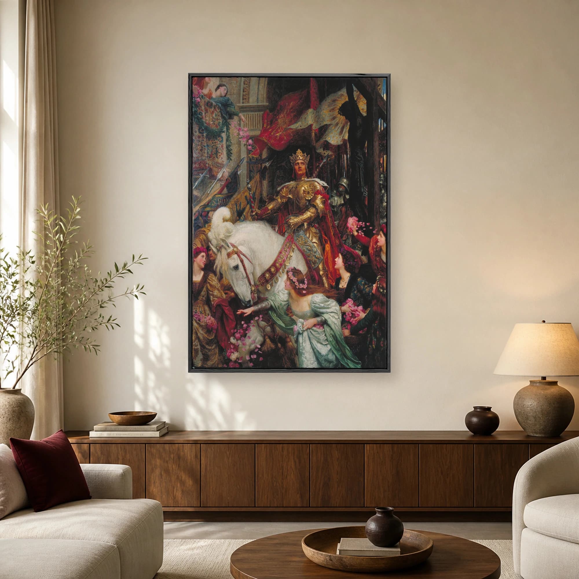 A majestic king in gold armor rides a white horse through a celebrating crowd throwing pink rose petals in a historic painting.