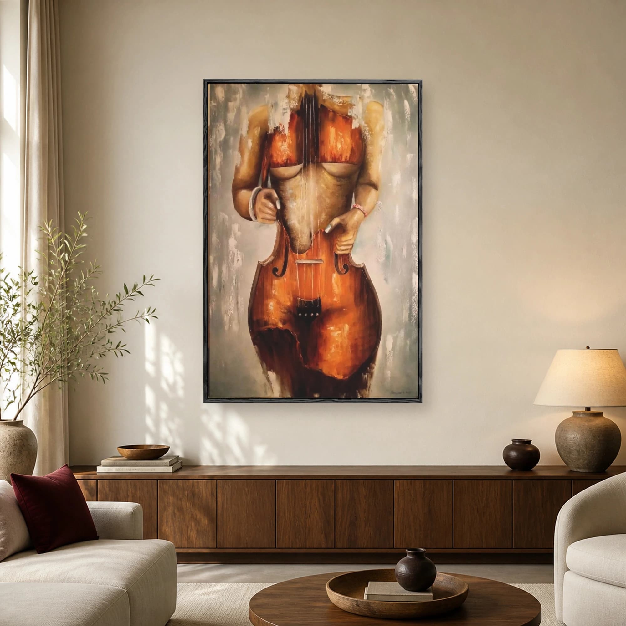 Surreal painting of a female torso seamlessly merged with a wooden cello body, featuring strings and f-holes.