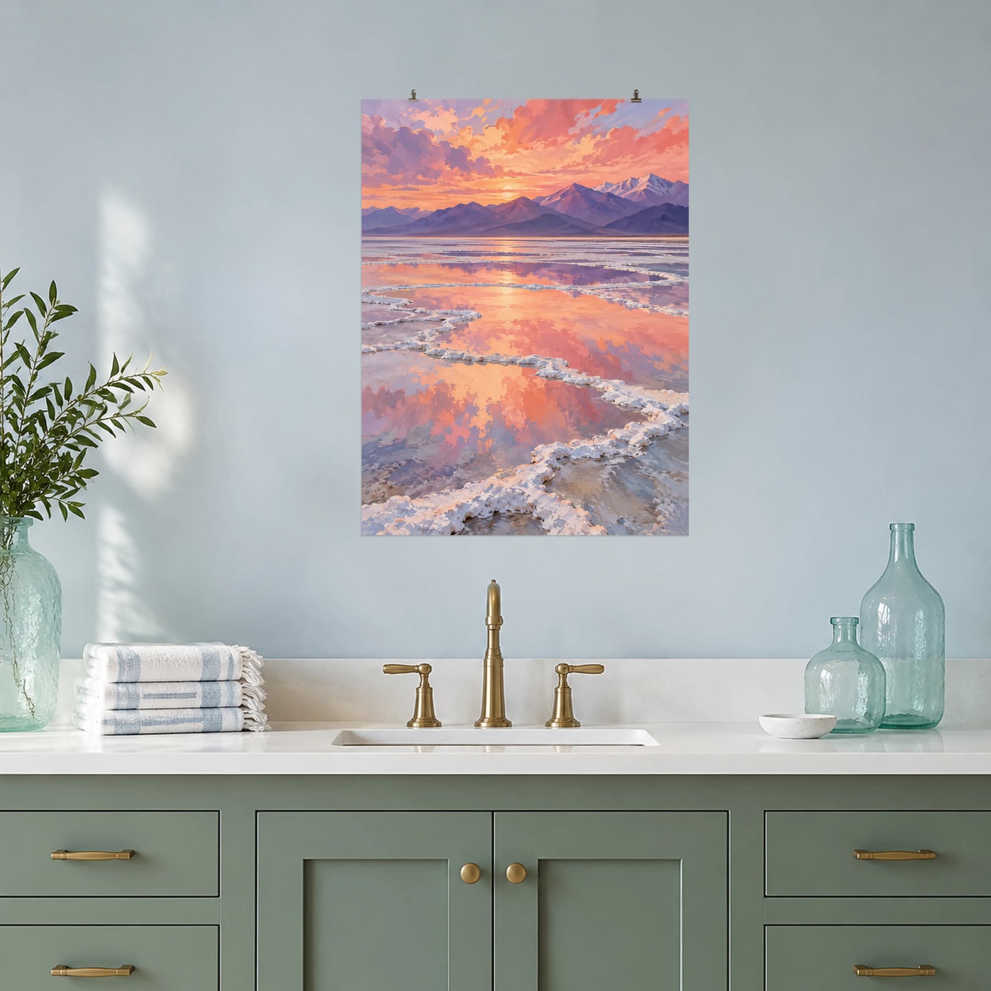 This gouache-style composition features shallow salt flats reflecting a rose and apricot sky with distant violet mountains and delicate white ridges. Expressive brushwork and carefully balanced color bring a distinctive focal point to your wall.