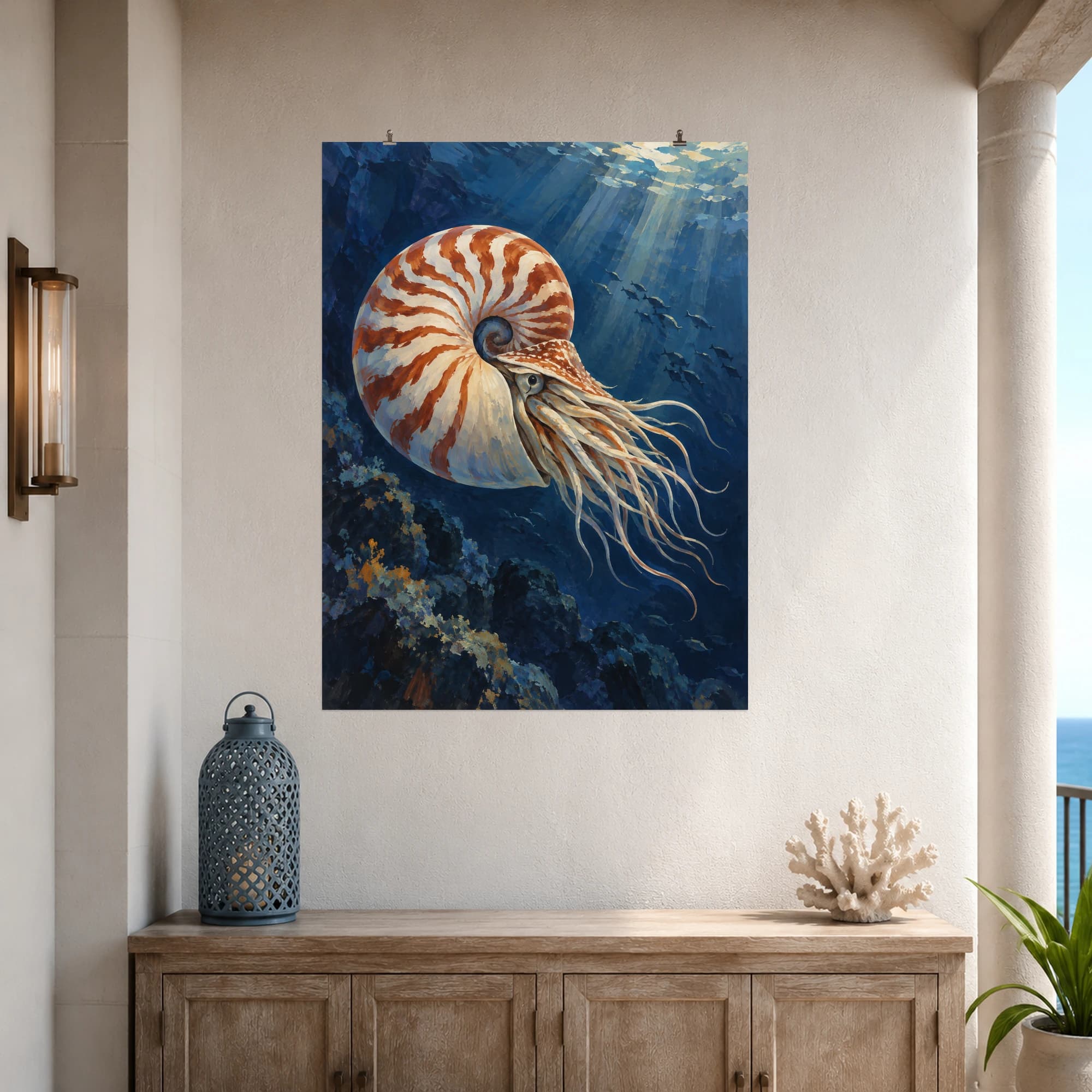 This gouache-style composition features a chambered nautilus drifting through deep indigo water, striped ivory and rust spiral shell and gently flowing tentacles, delicate shafts of light. Expressive brushwork and a balanced palette bring warmth and character to your space.