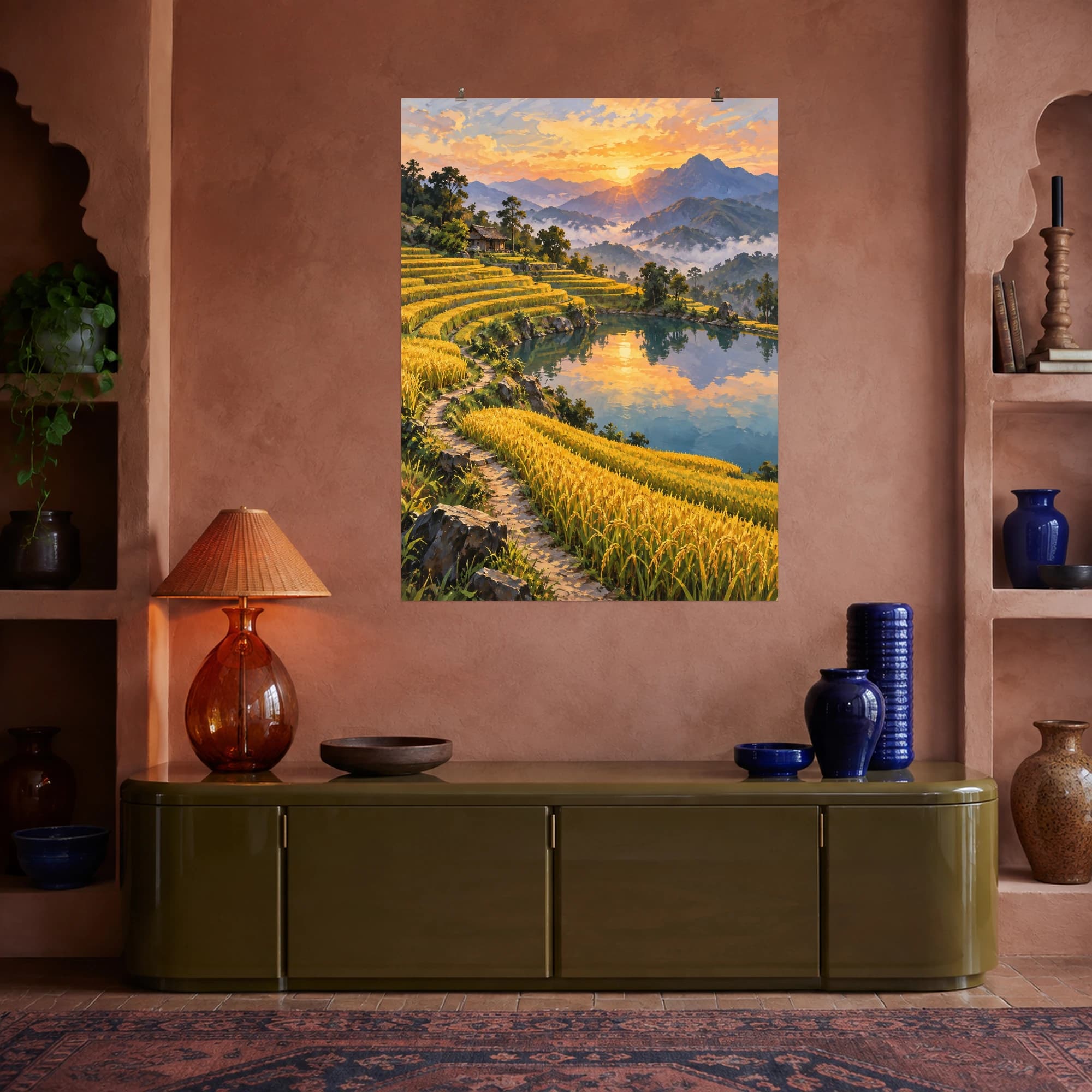 This gouache-style composition features golden rice terraces curving around a still mountain pool with a narrow footpath at sunrise. Expressive brushwork and carefully balanced color bring a distinctive focal point to your wall.
