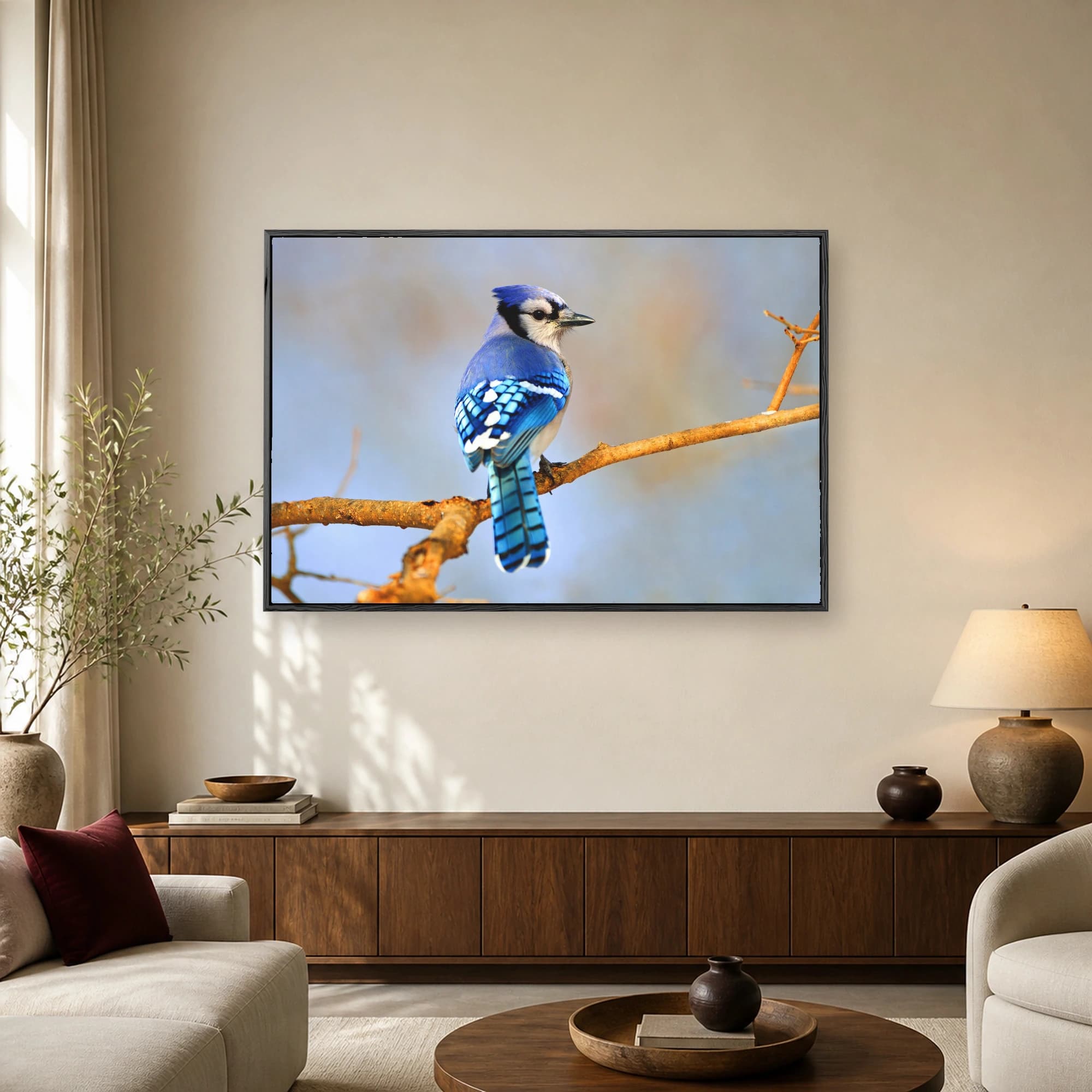 A vibrant blue jay with striking blue and white patterned wings perched on a rustic brown tree branch against a soft blue background.