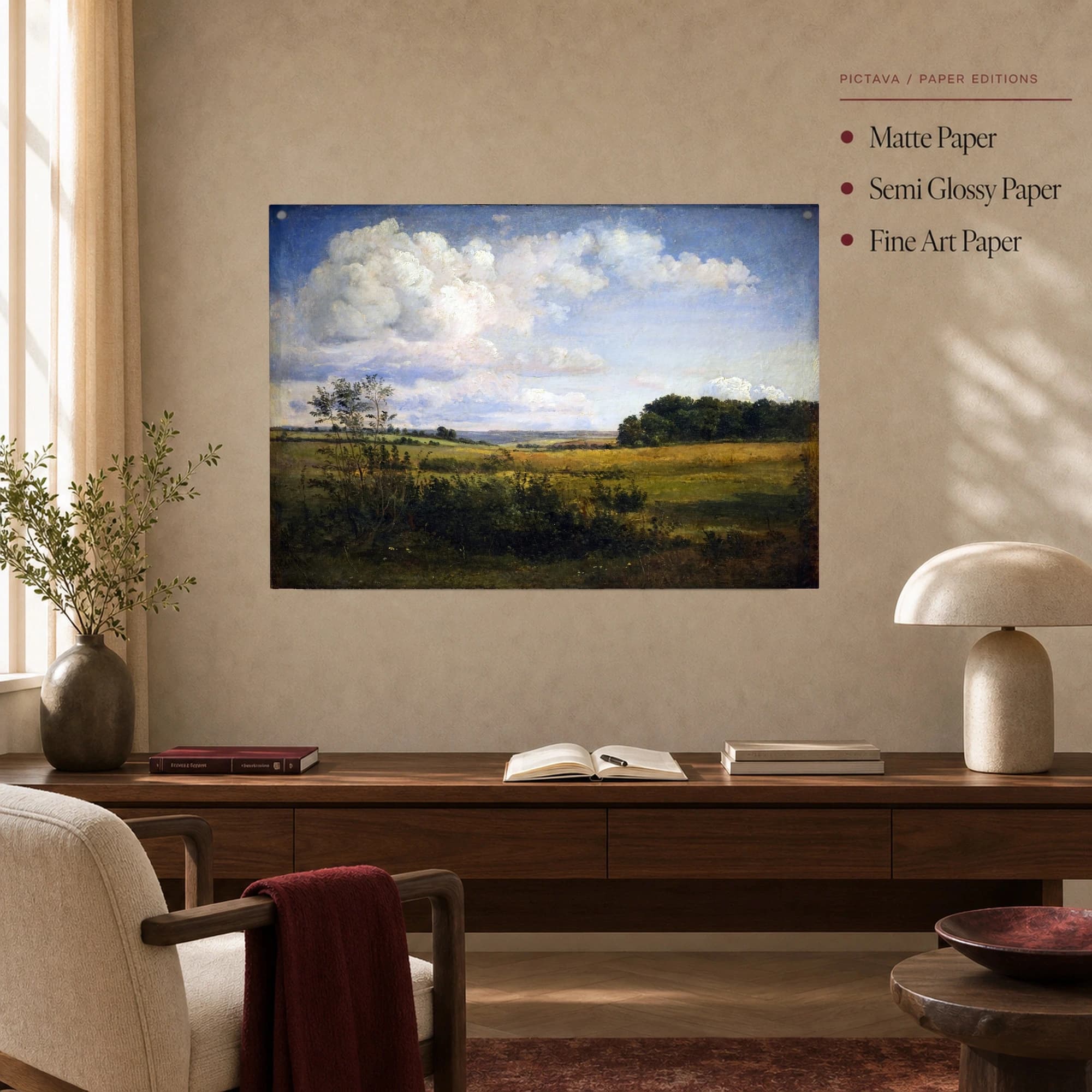 Vintage Pastoral Landscape Painting with Dramatic Clouds Wall Art, view 5