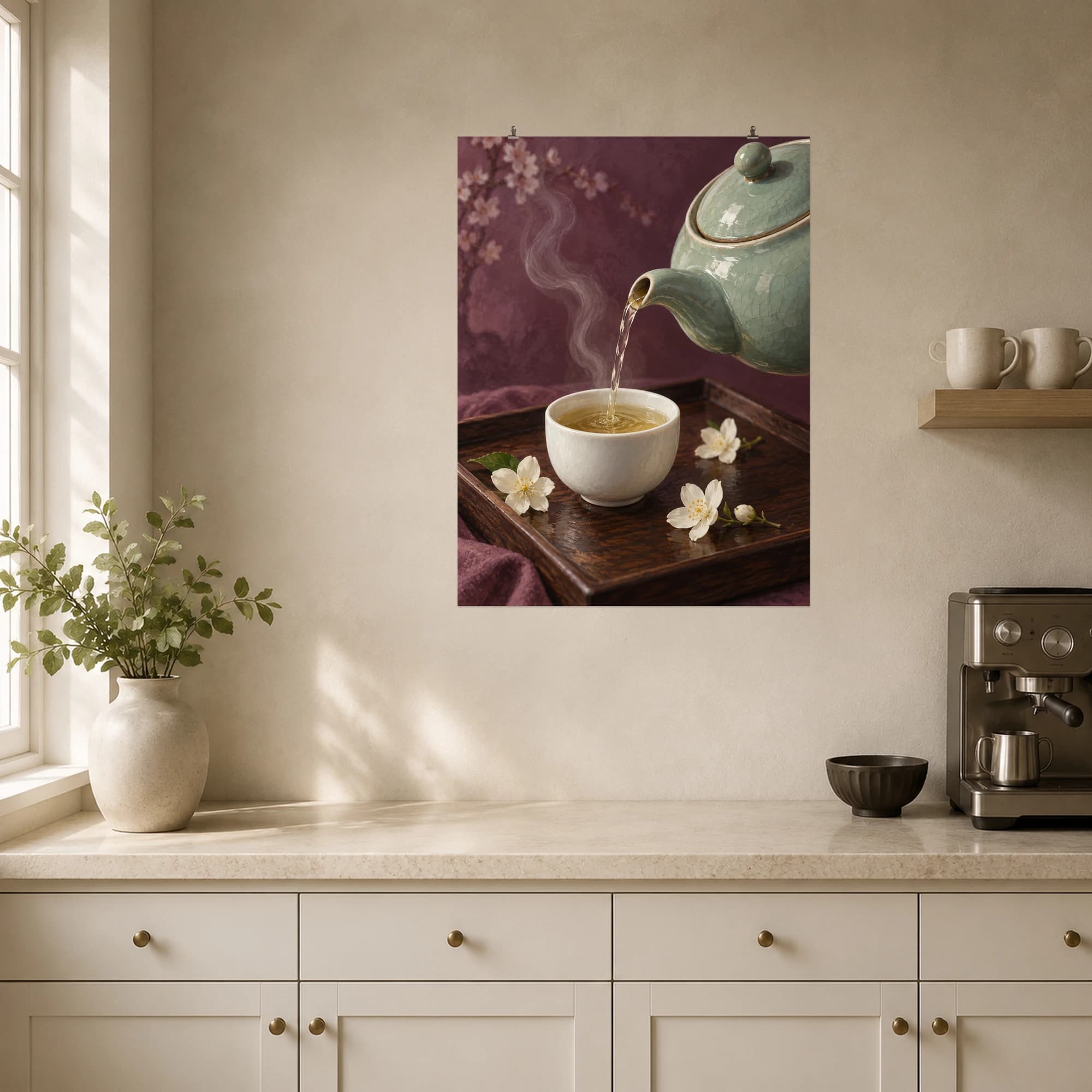 Steam rises from a celadon teapot beside delicate jasmine flowers.