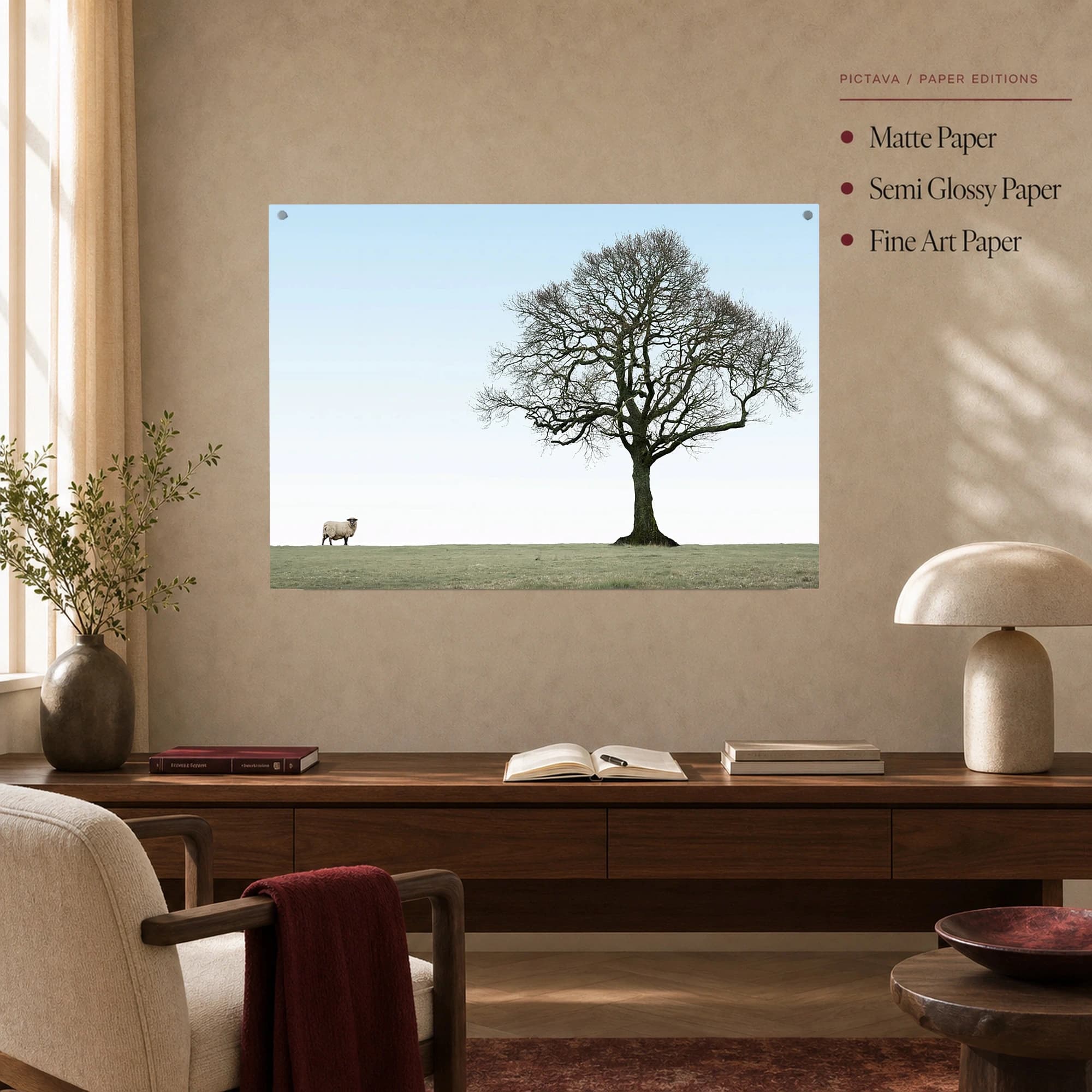 Solitary Tree and Grazing Sheep Minimalist Landscape Print, view 3