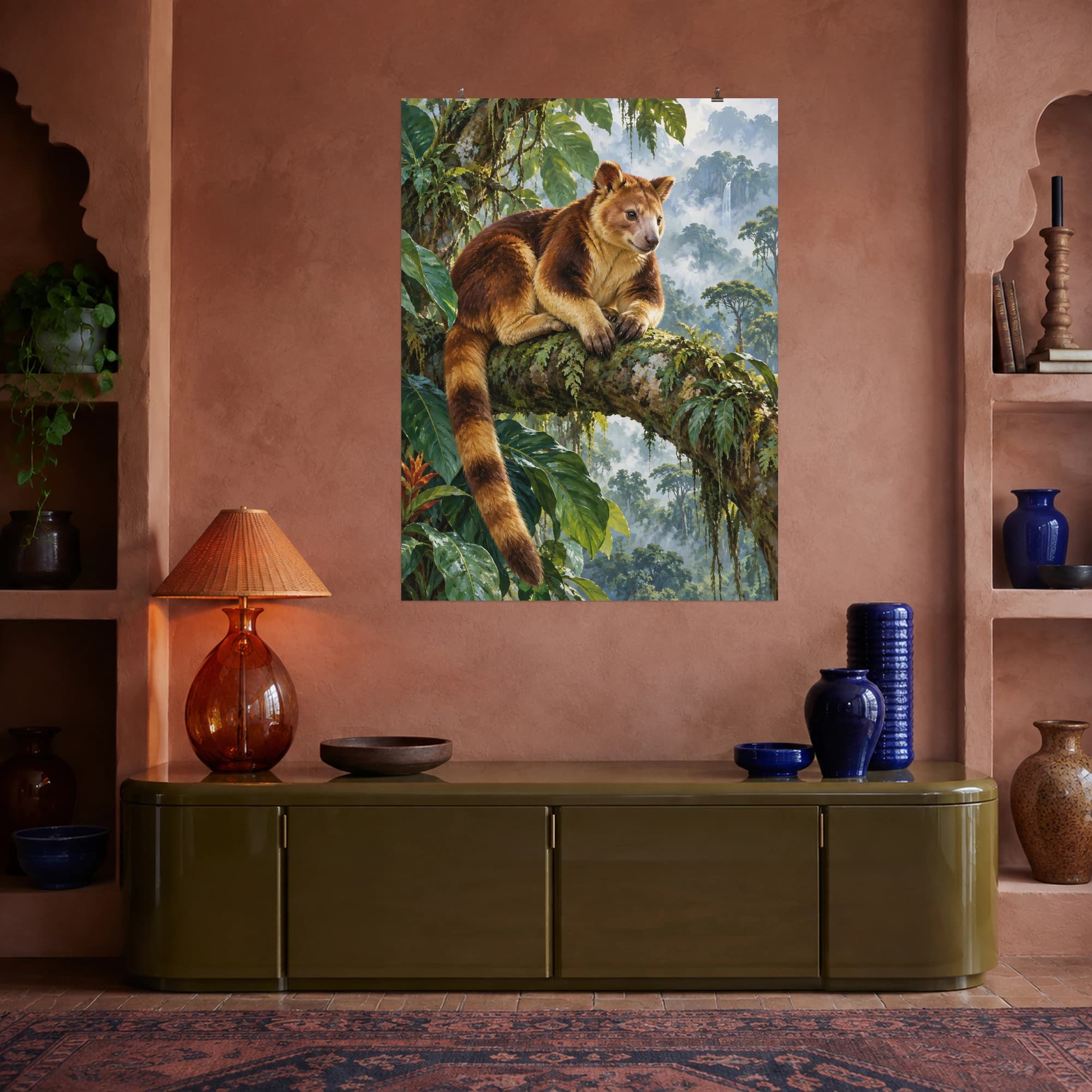This gouache-style composition features a golden brown tree kangaroo resting securely on a thick rainforest branch among broad emerald leaves, misty tropical canopy and soft daylight. Expressive brushwork and a balanced palette bring warmth and character to your space.