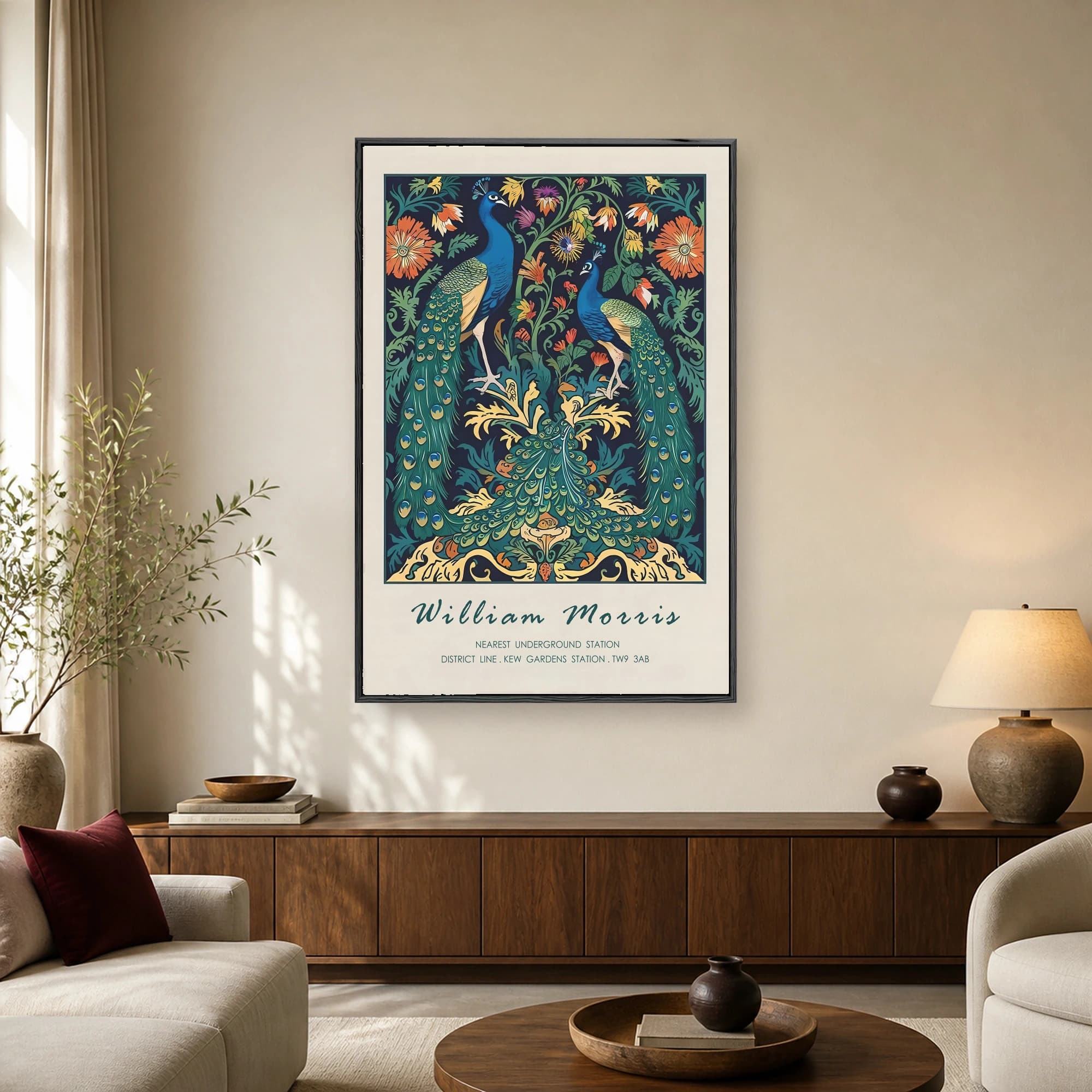 William Morris inspired vertical vintage poster featuring two detailed blue peacocks surrounded by stylized orange flowers and dense green foliage against a dark navy background.
