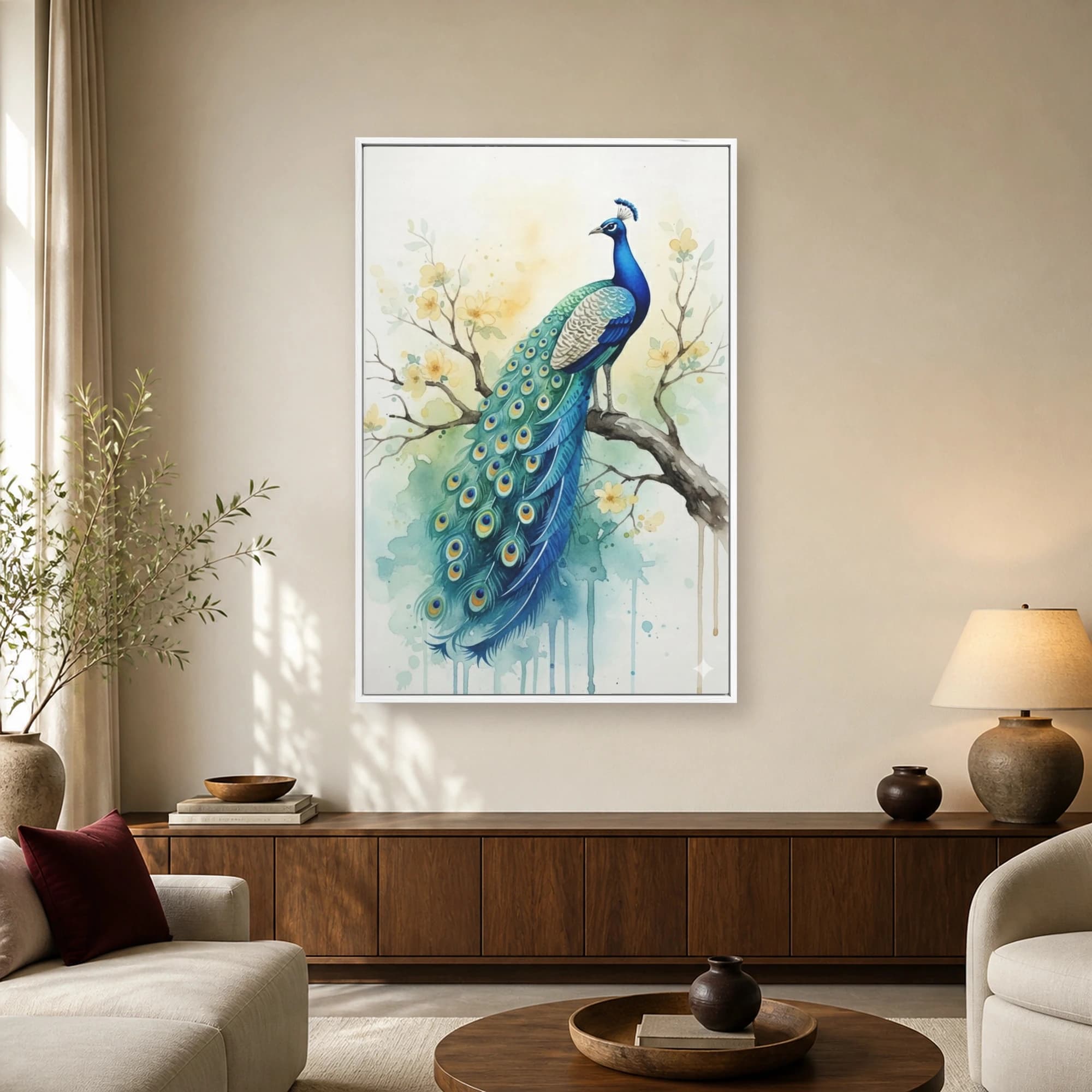 Watercolor Peacock Wall Art on Flowering Branch Canvas Print, view 2