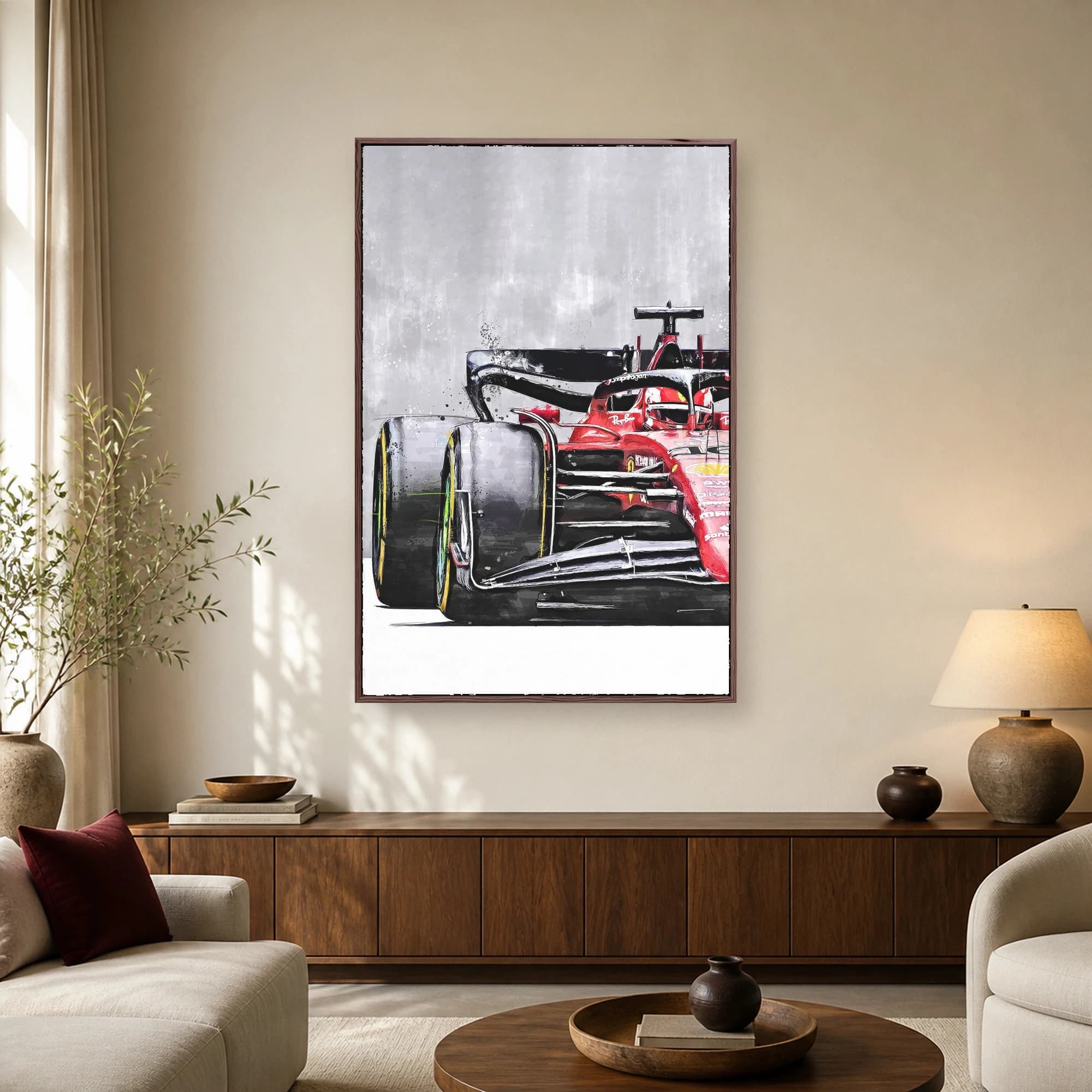 Watercolor and sketch illustration of a red Formula One racing car showing the front wing, slick tire, and driver in the cockpit against a neutral background.