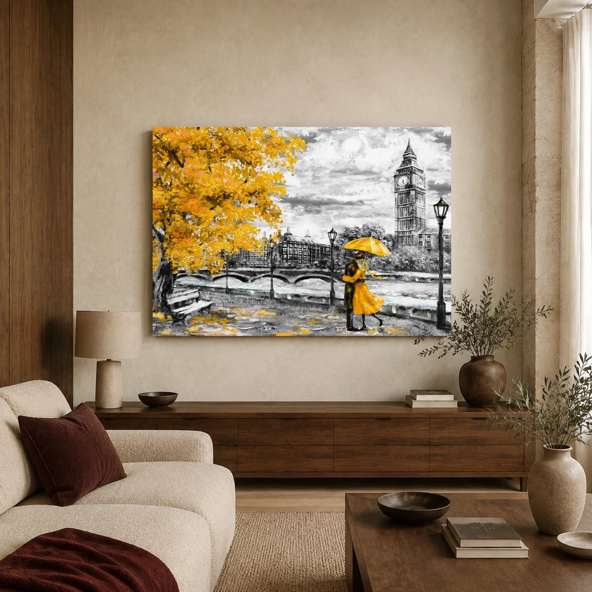 London Romance Big Ben Yellow Umbrella Canvas Print, view 3