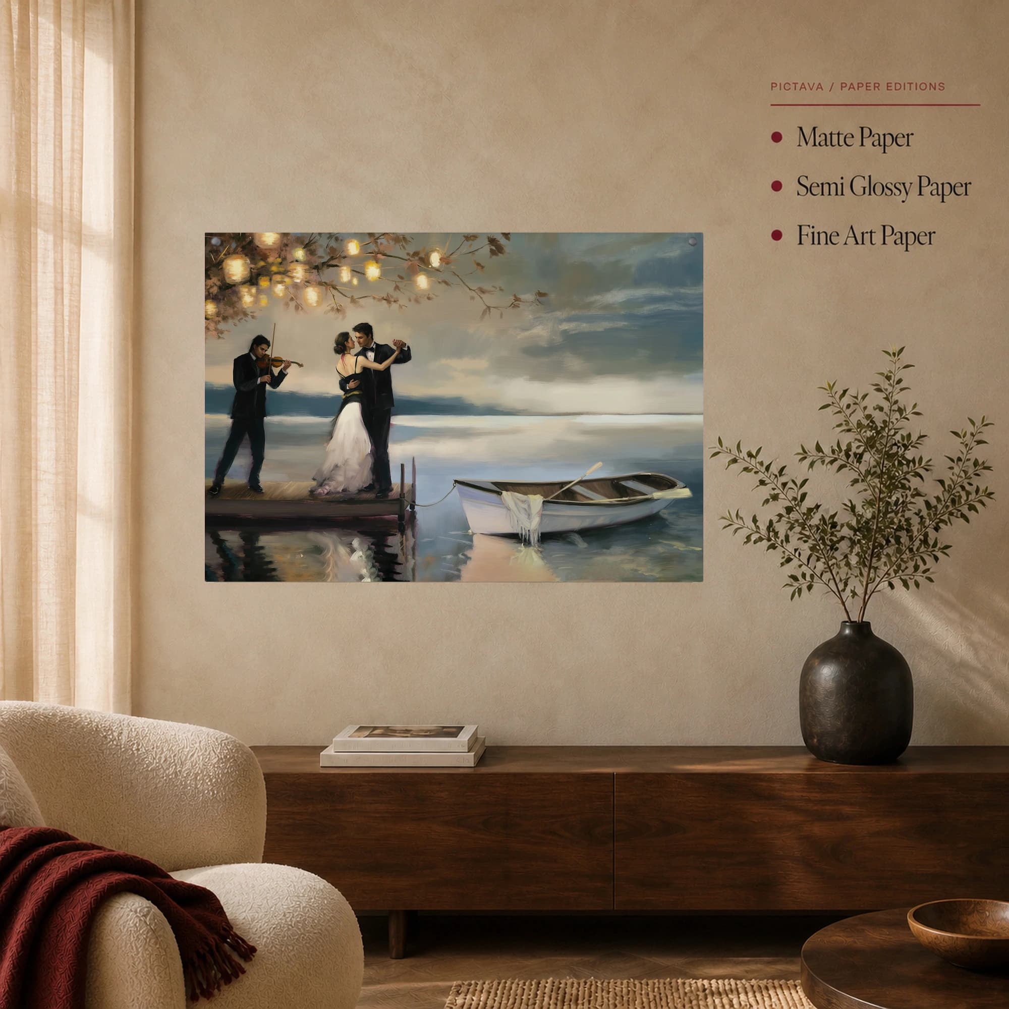 Romantic Lakeside Dance Canvas Print with Violinist and Lanterns, view 4