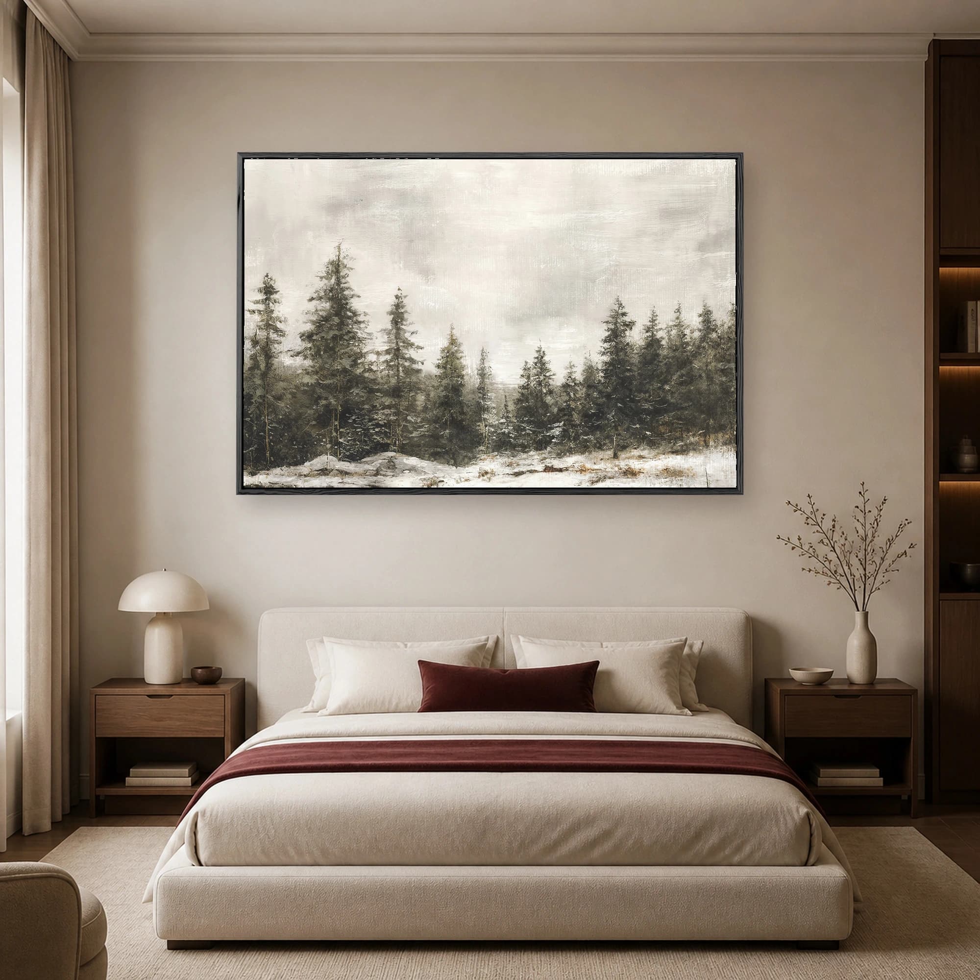 Muted winter landscape art featuring evergreen pine trees and snow under a textured sky.