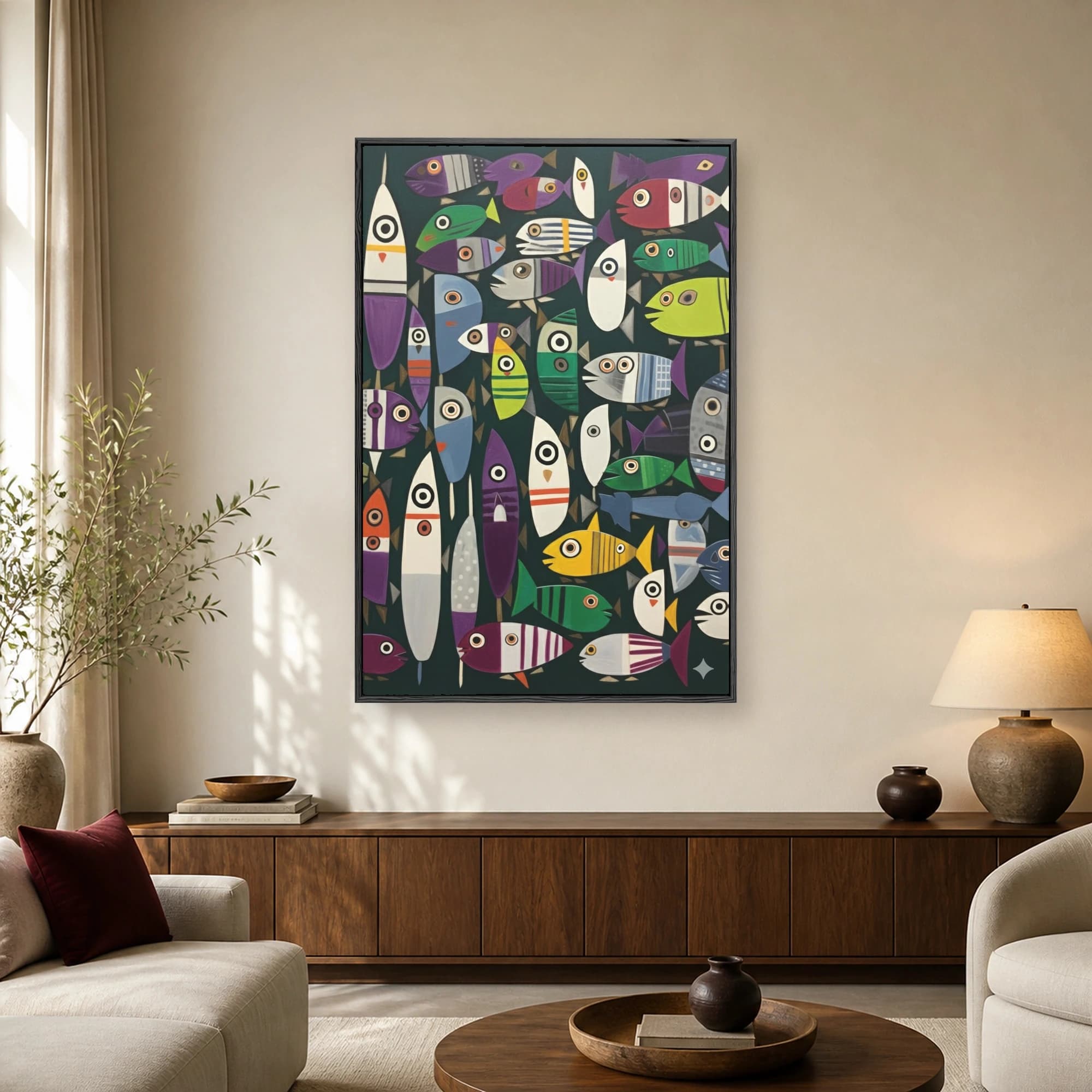 Modern abstract painting of a school of colorful stylized fish with large eyes swimming against a dark green background