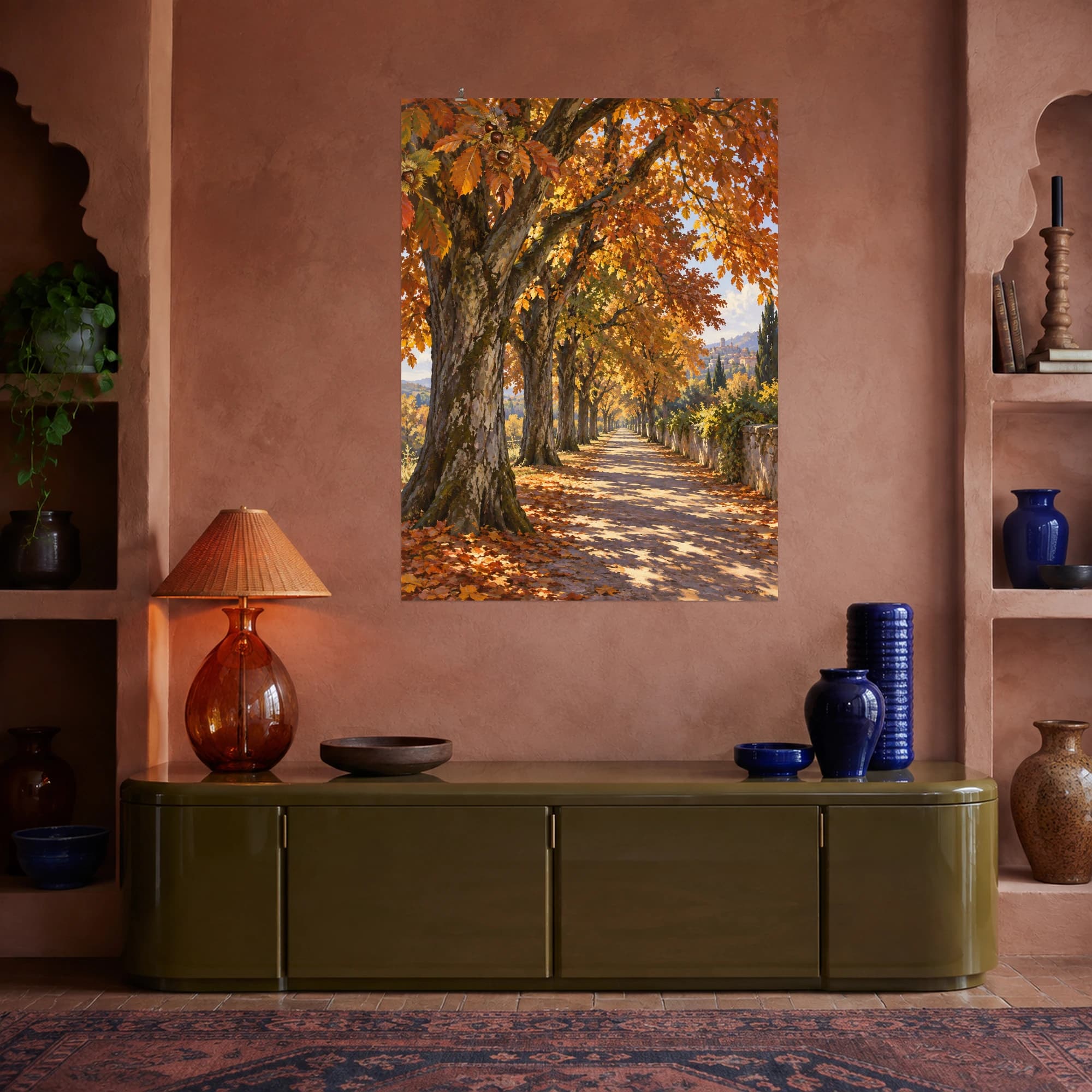 This gouache-style composition features an avenue of mature chestnut trees with copper autumn leaves and a long dappled path at afternoon. Expressive brushwork and carefully balanced color bring a distinctive focal point to your wall.