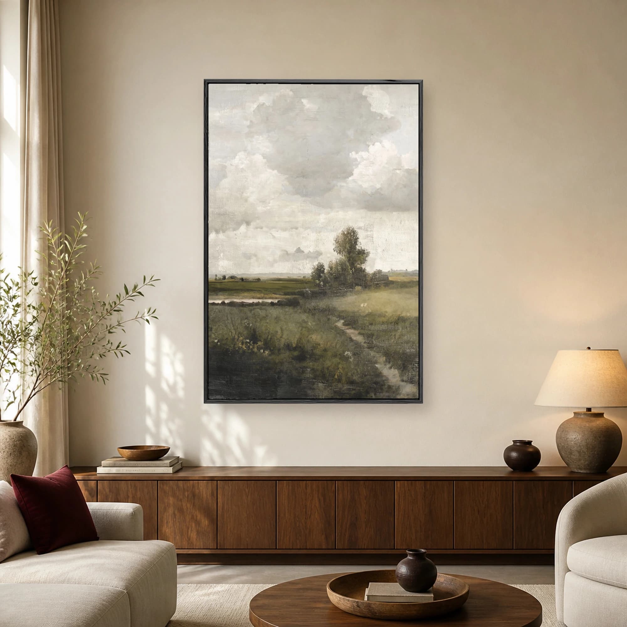 Fine art print of a peaceful rural landscape with vast grey and white clouds over green fields and a winding path.
