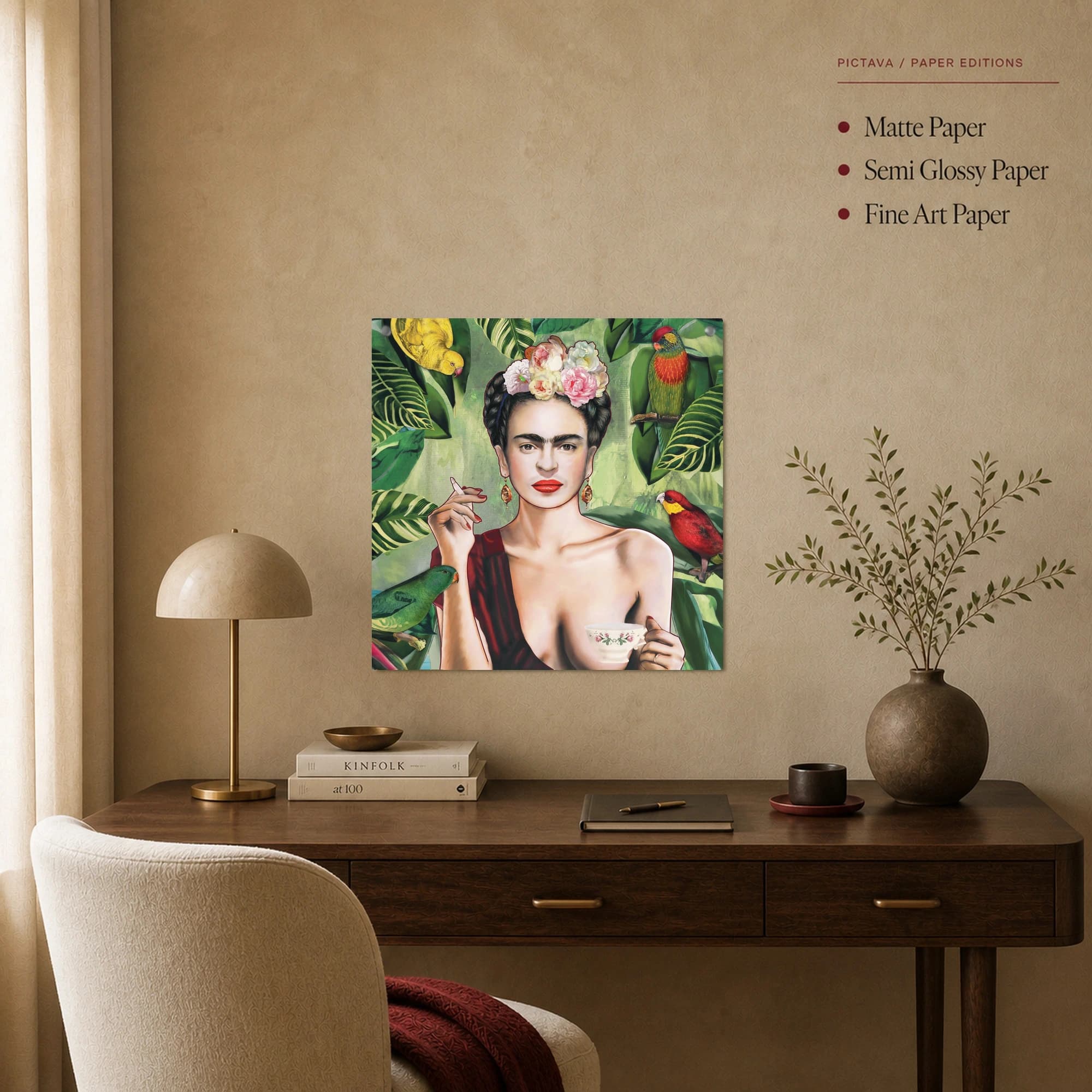 Frida Kahlo Tropical Portrait Canvas Print with Exotic Birds, view 3