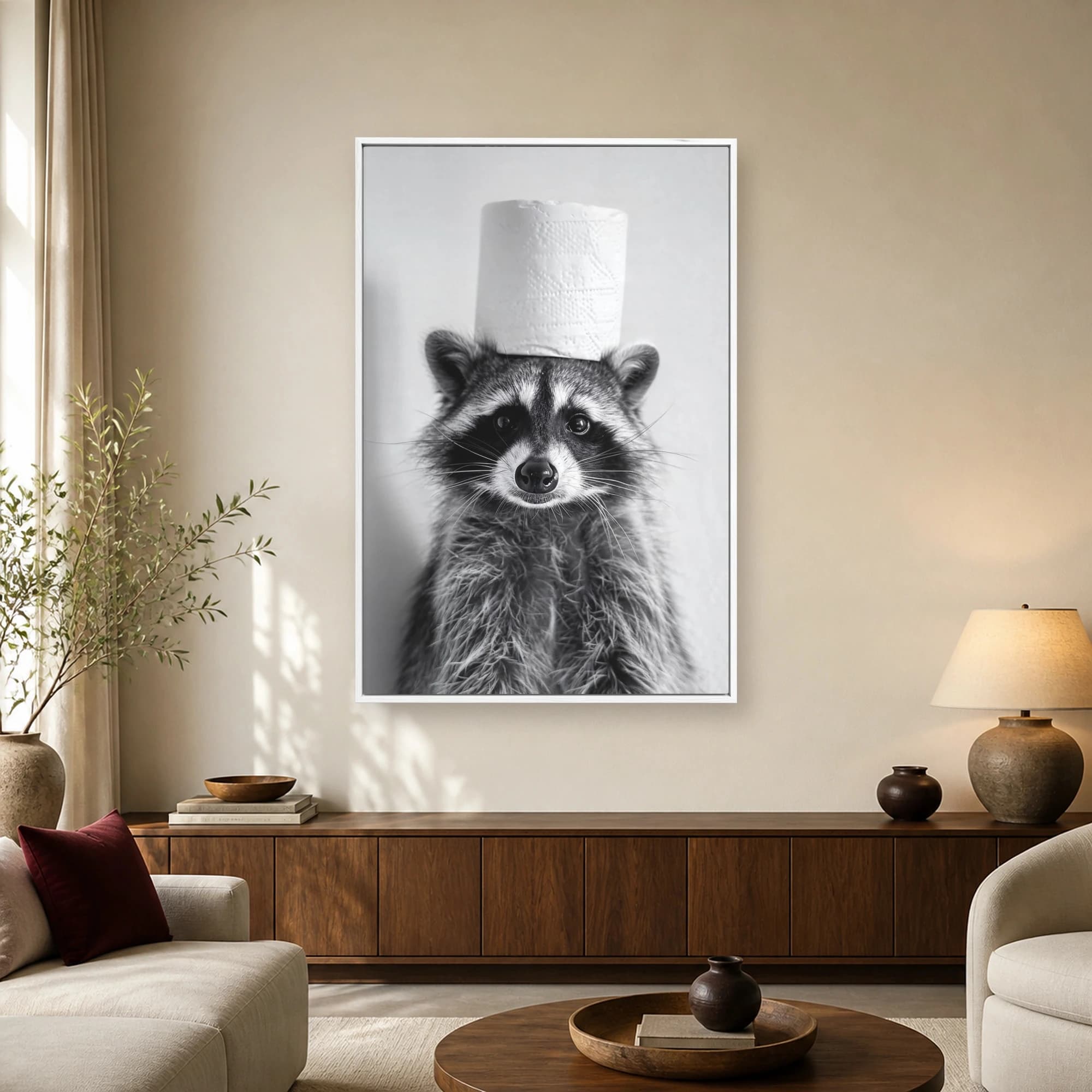 Curious Raccoon Wearing Toilet Paper Hat Black and White Print, view 2