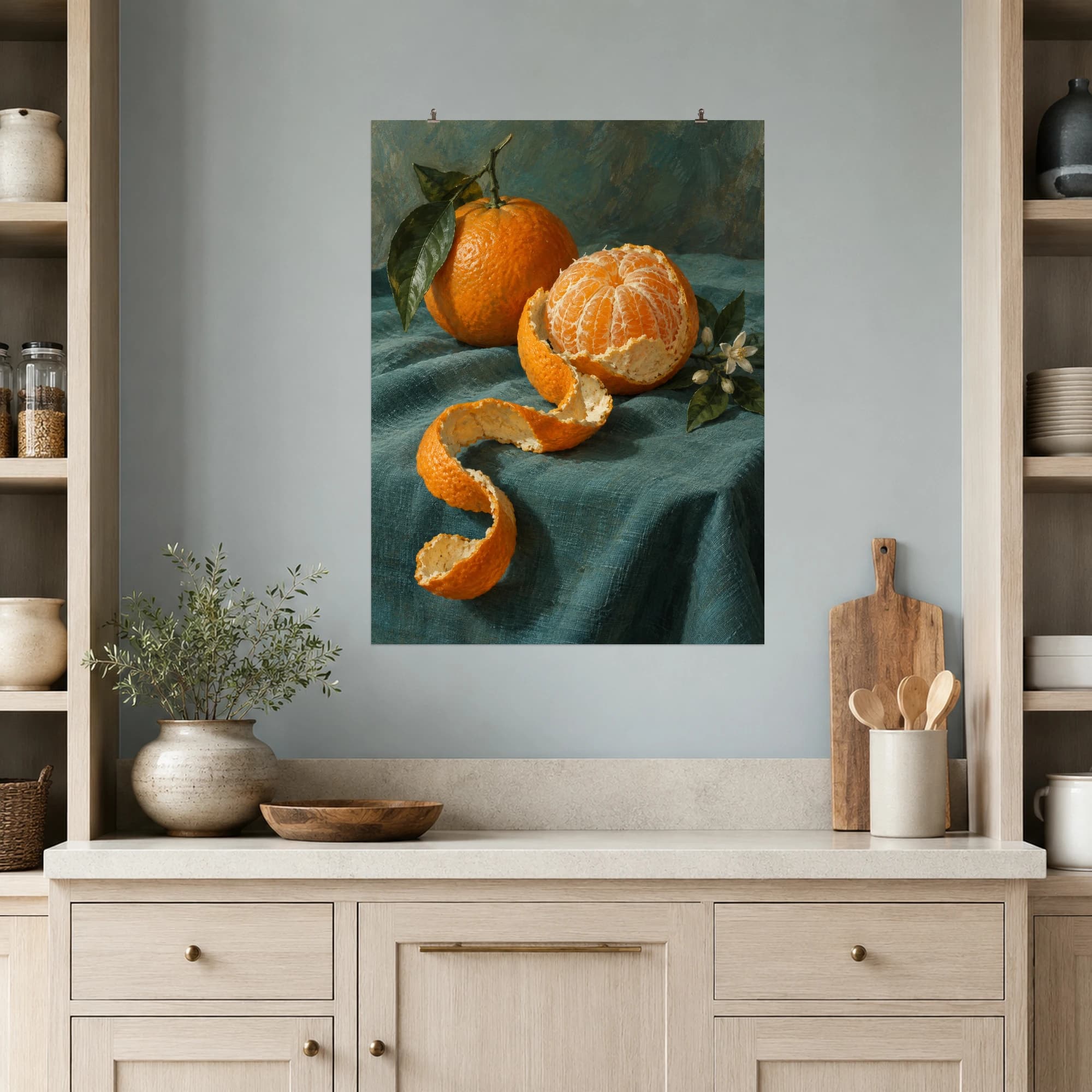 A whole orange, peeled fruit and a curling strip of peel rest on teal fabric. The close still life emphasizes the contrast between warm citrus and cool cloth.