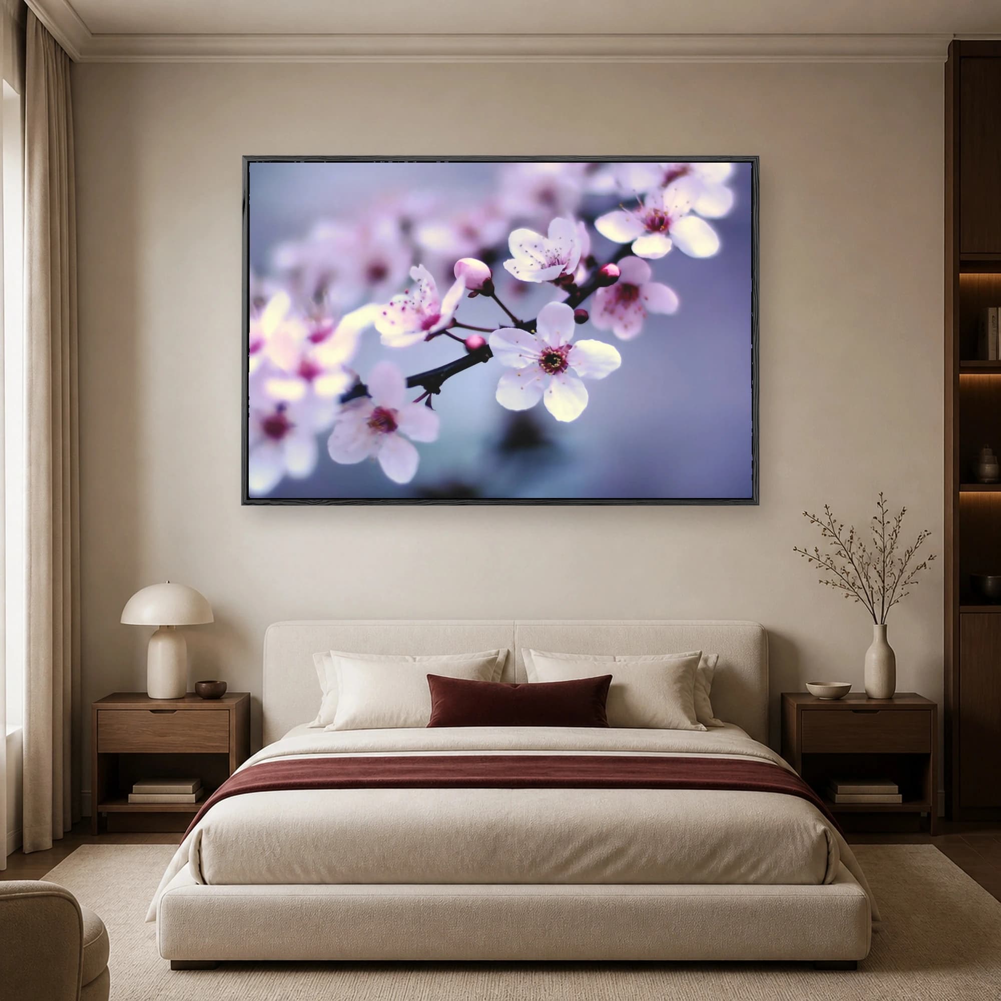 Macro photograph of delicate pink cherry blossoms and buds on a dark branch against a soft-focus muted blue background.