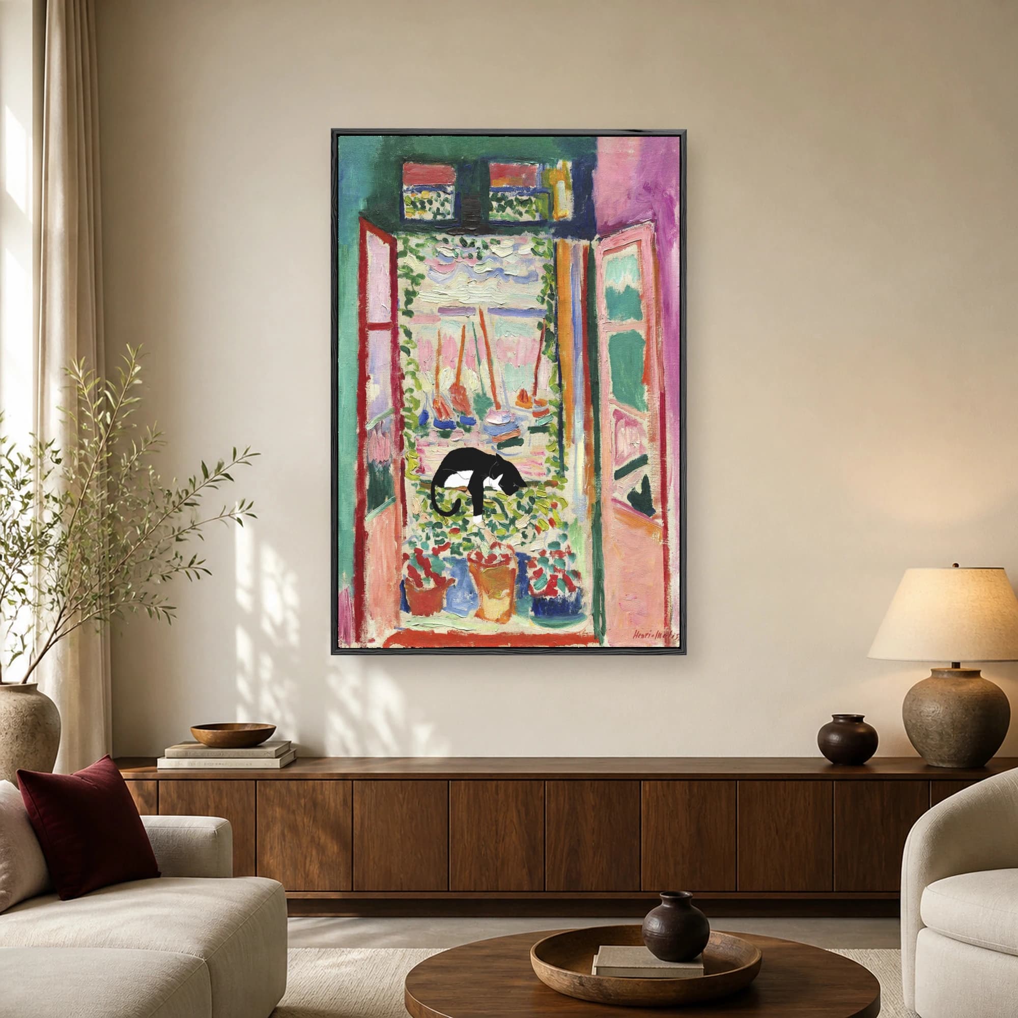 A Fauvist-style painting of an open window overlooking a harbor with sailboats, featuring a sleeping black and white cat on the sill.
