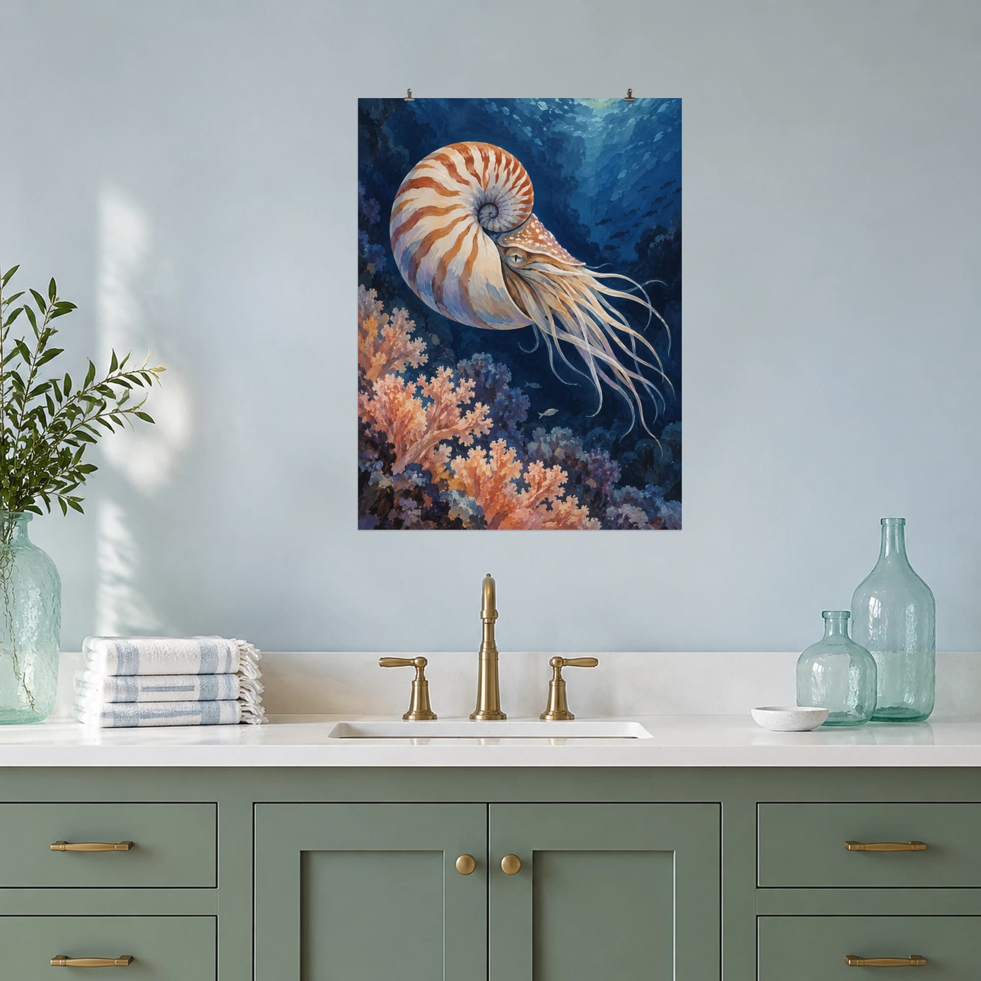 This gouache-style composition features one elegant chambered nautilus swimming through deep indigo water above soft coral branches, cream striped shell and flowing delicate tentacles. Expressive brushwork and a balanced palette bring warmth and character to your space.