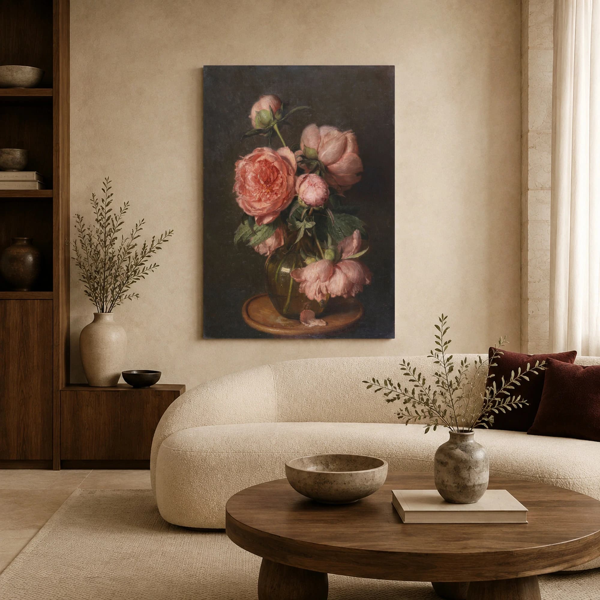 Vintage Pink Peonies Floral Still Life Canvas Print, view 5