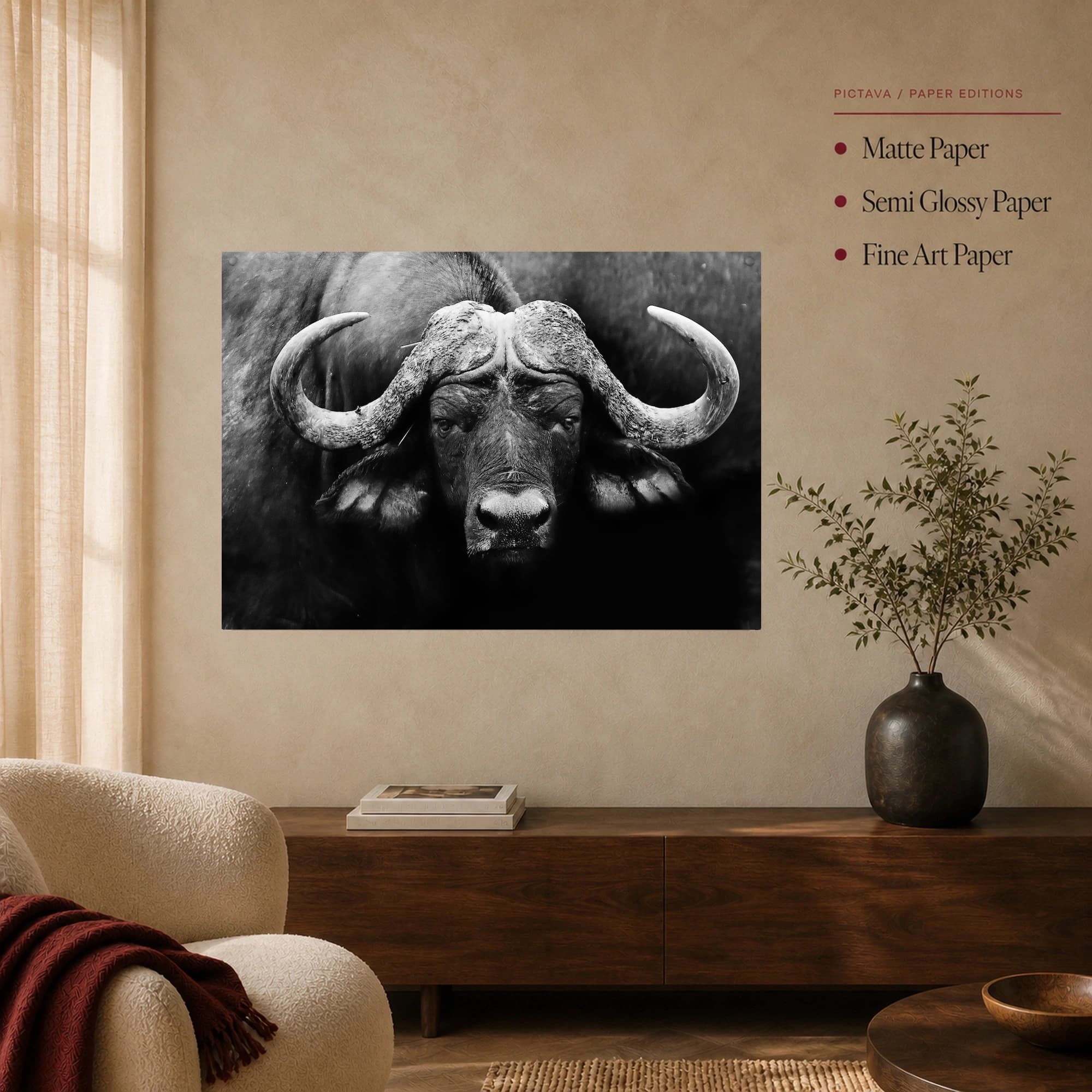 African Cape Buffalo Black and White Wildlife Wall Art, view 3