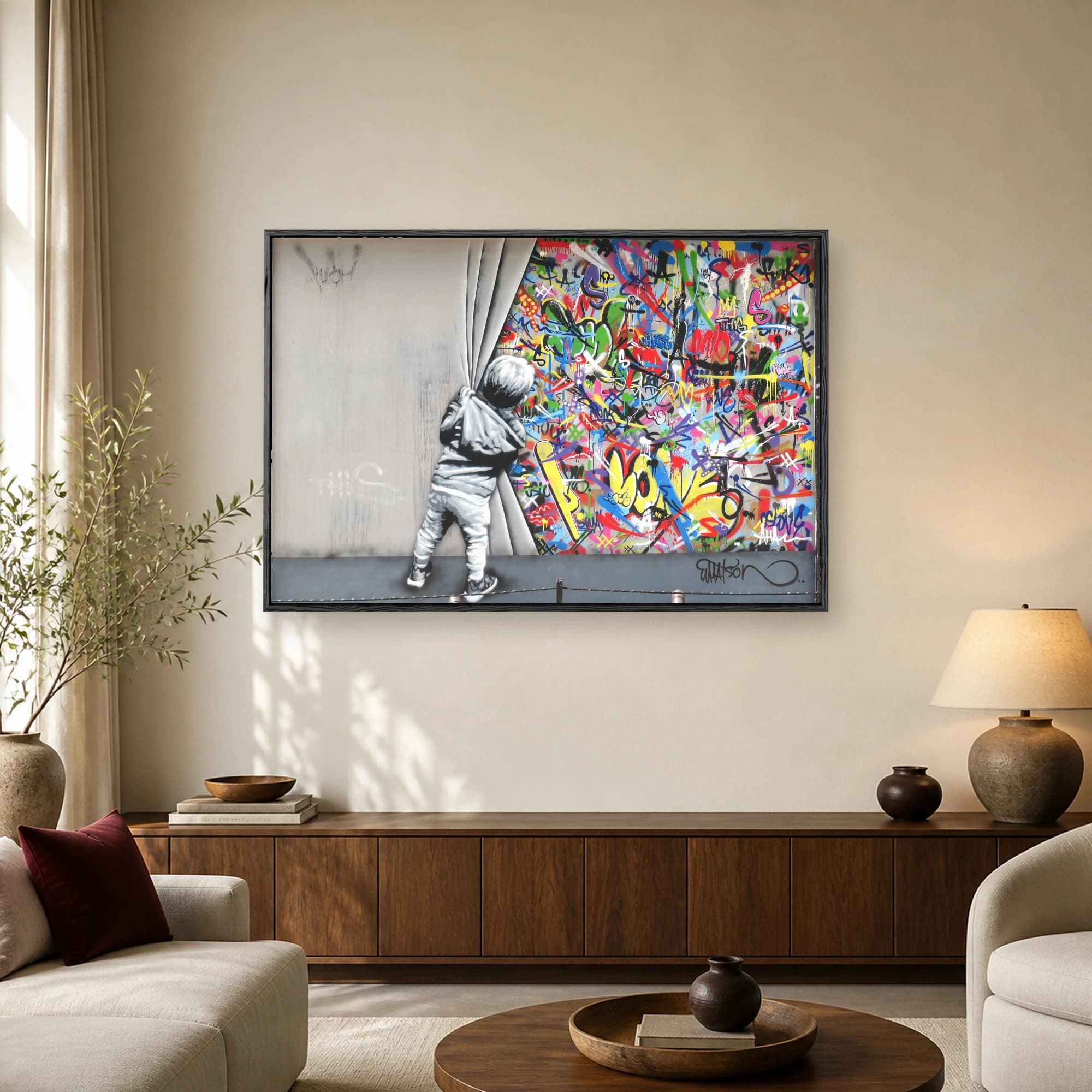 A monochromatic child in a hoodie lifts a grey wall to reveal a vibrant explosion of colorful graffiti, spray paint drips, and bold abstract street art.