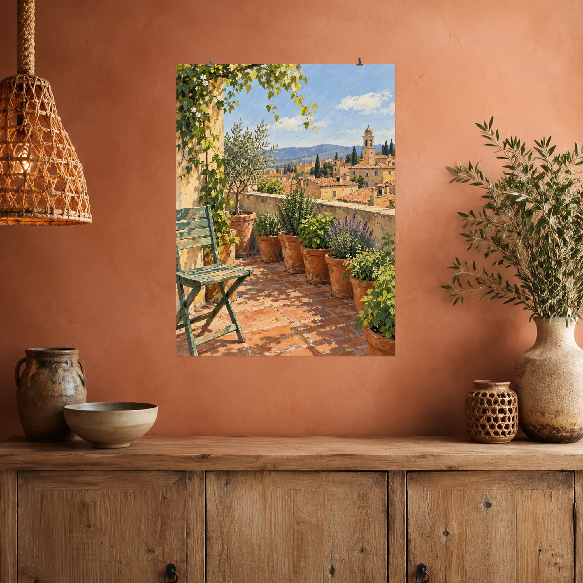 This gouache-style composition features a quiet rooftop terrace with rows of terracotta herb pots, a weathered green chair and distant ochre rooftops under a pale blue sky. Expressive brushwork and a balanced palette bring warmth and character to your space.