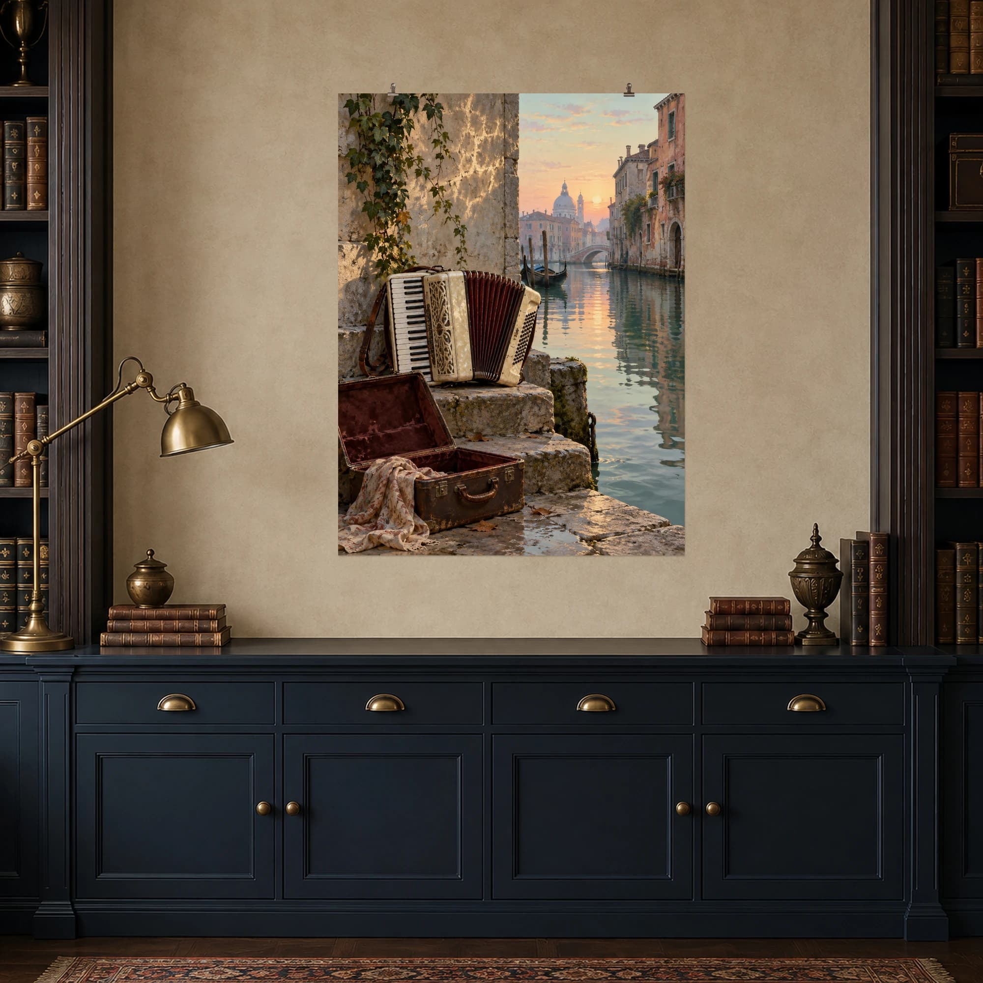 An ivory accordion rests beside a quiet canal, surrounded by soft reflections and worn stone steps.