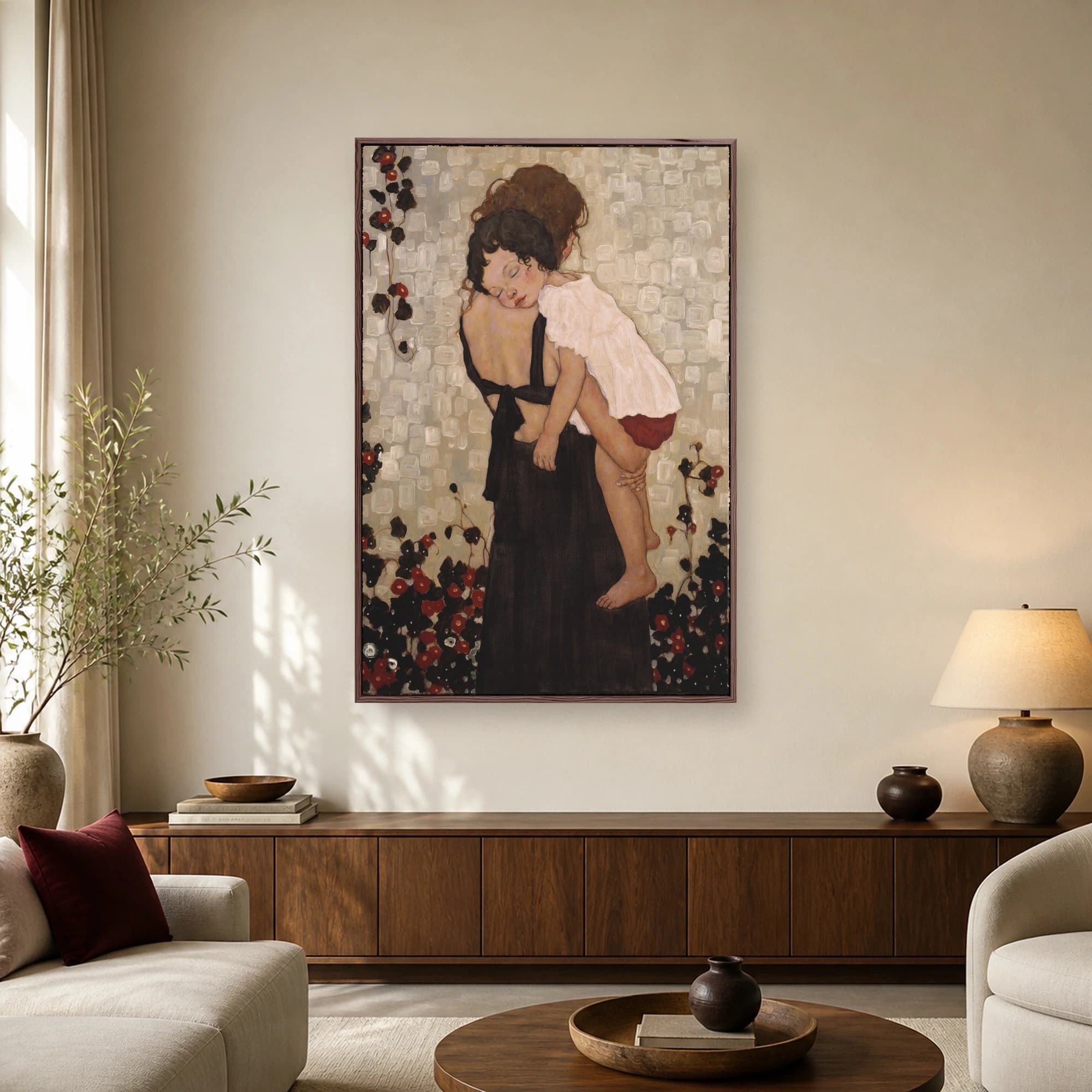 Art Nouveau style painting of a mother holding a sleeping child against a textured beige mosaic background with red flowers.