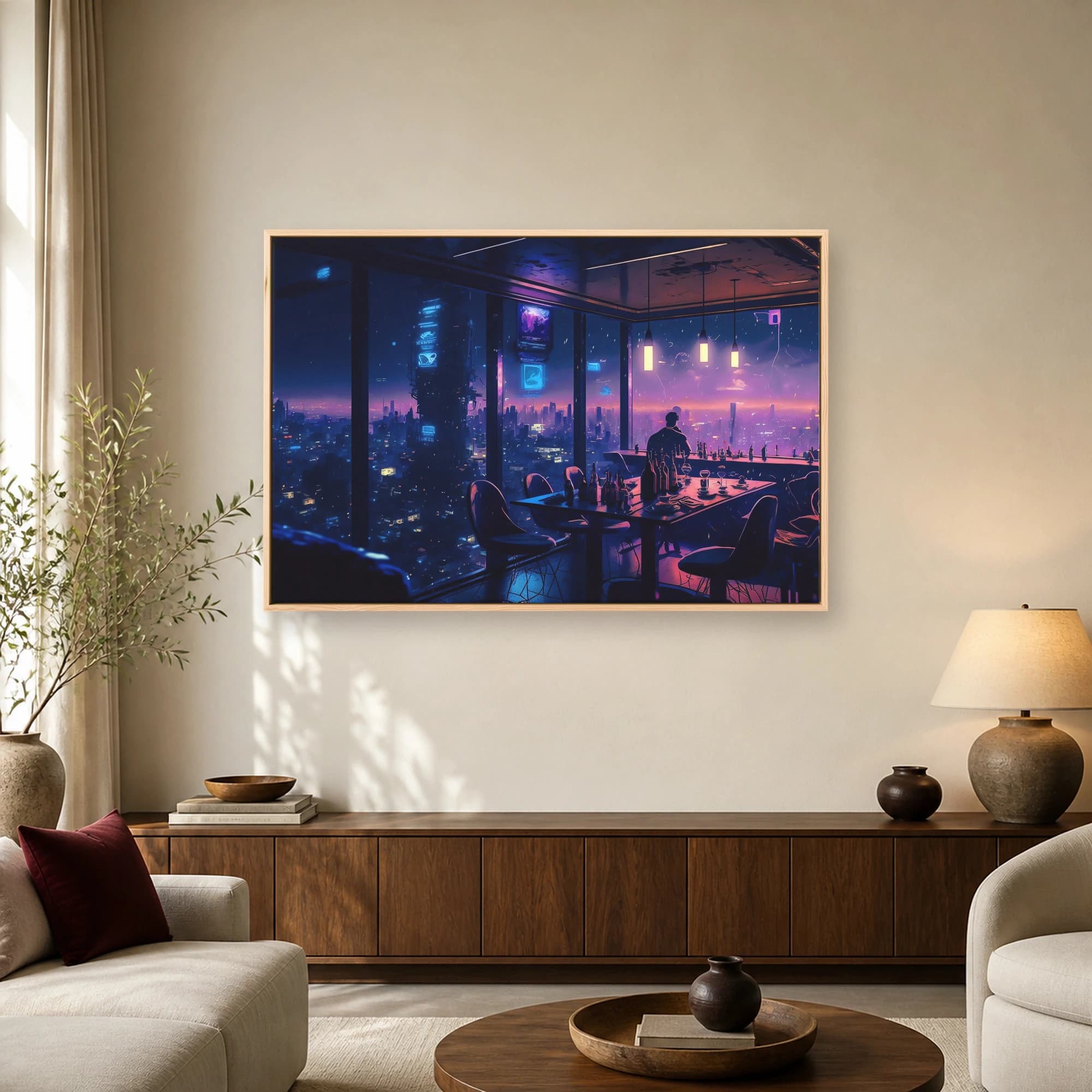 Cyberpunk Cityscape Neon Lounge Canvas Wall Art, view 2