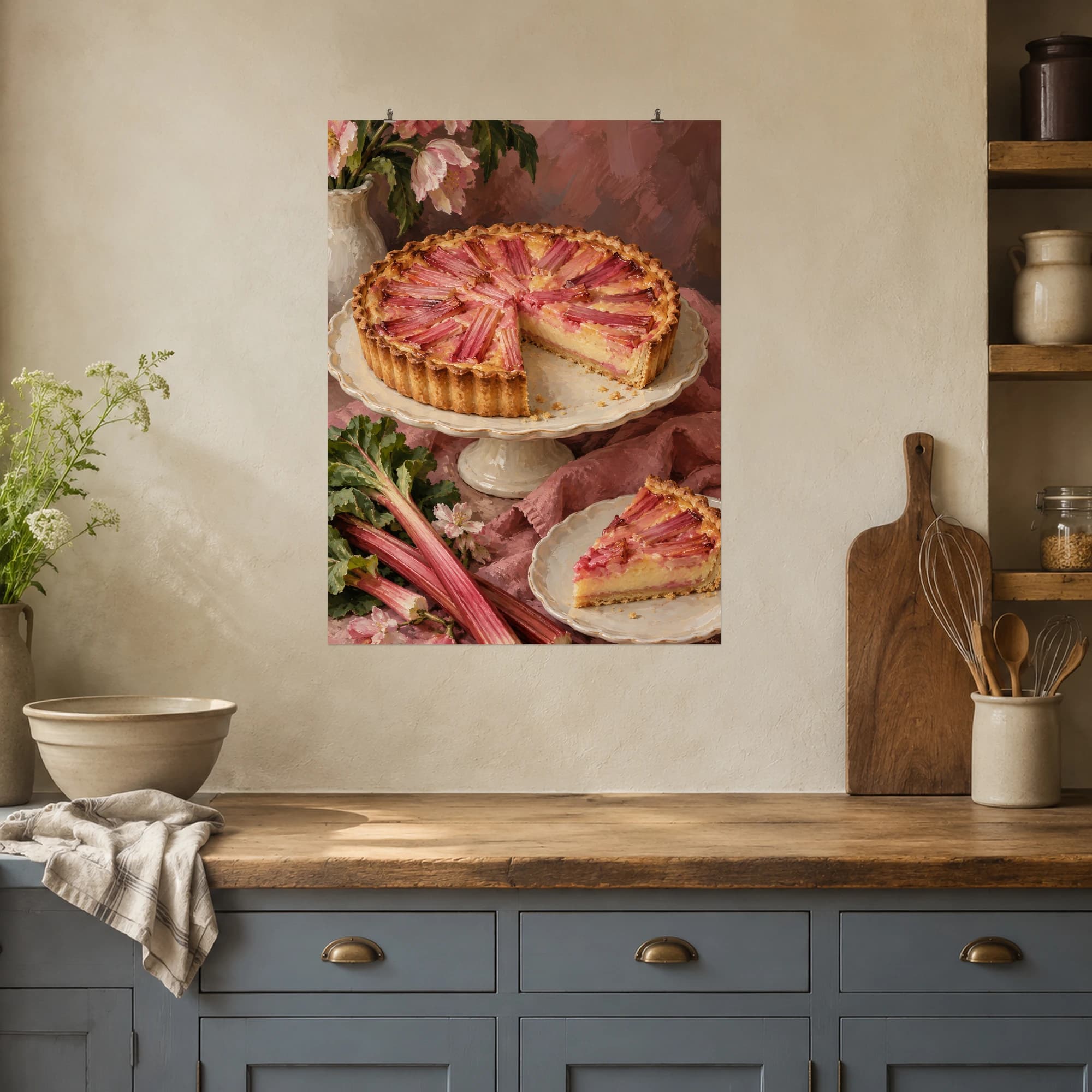 This gouache-style composition features pink rhubarb custard tart with one slice removed on an ivory serving dish and dusty rose napkin. Expressive brushwork and carefully balanced color bring a distinctive focal point to your wall.