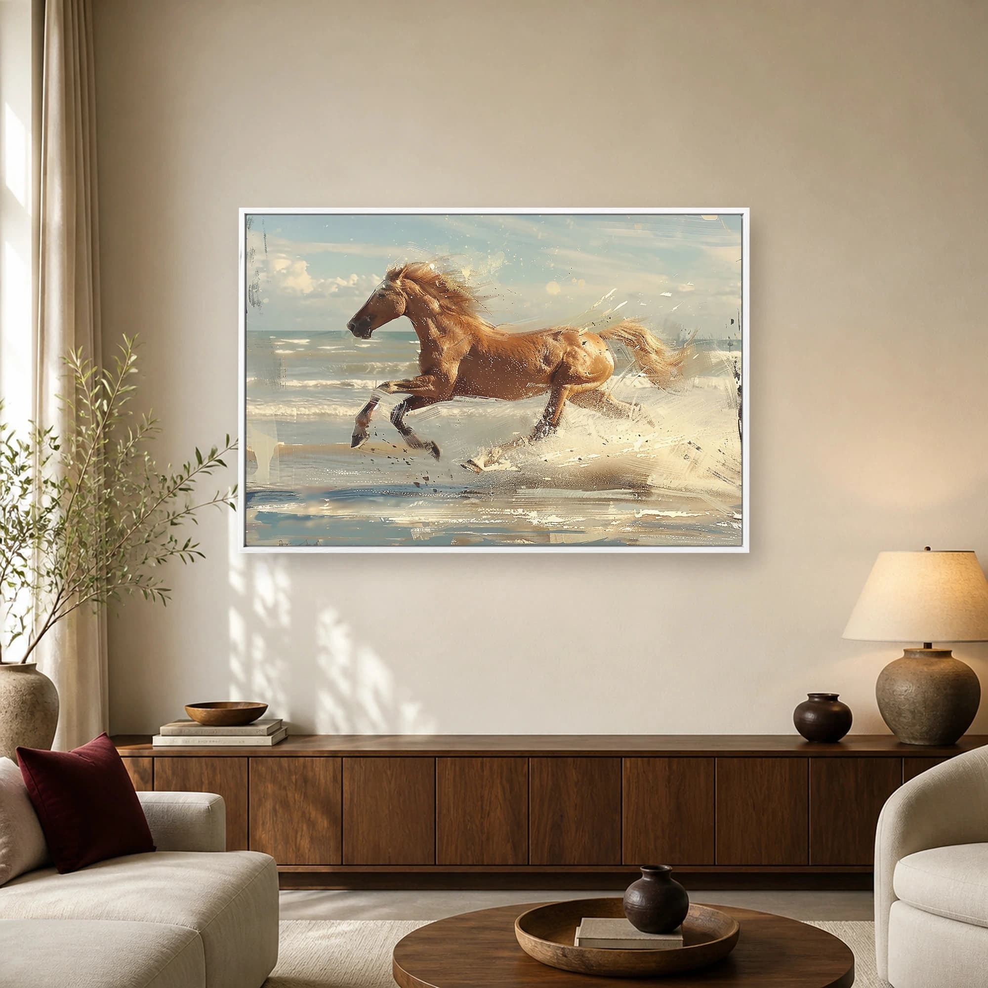 Galloping Golden Horse Coastal Surf Canvas Print, view 3
