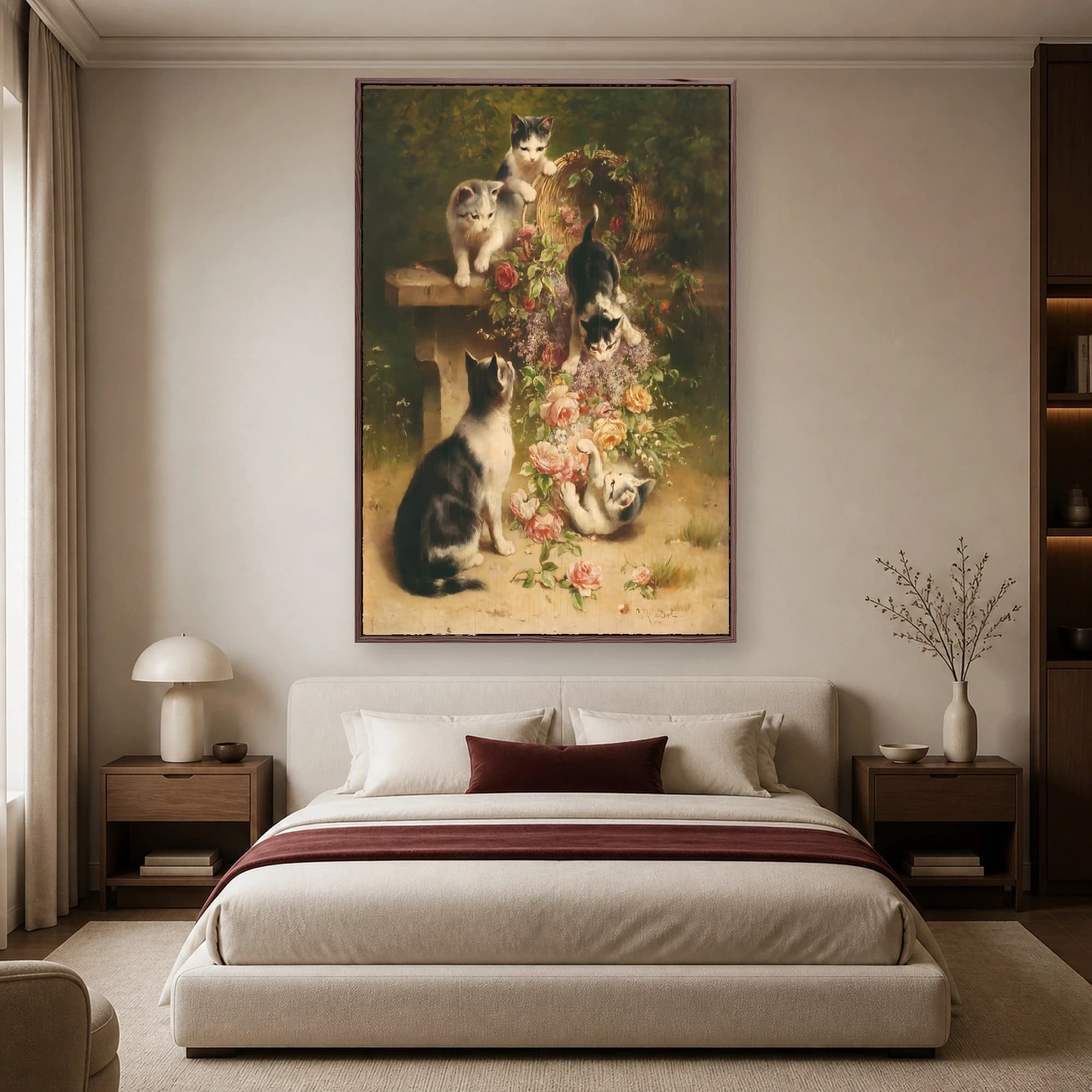 Playful Kittens and Roses Vintage Canvas Art Print, view 5