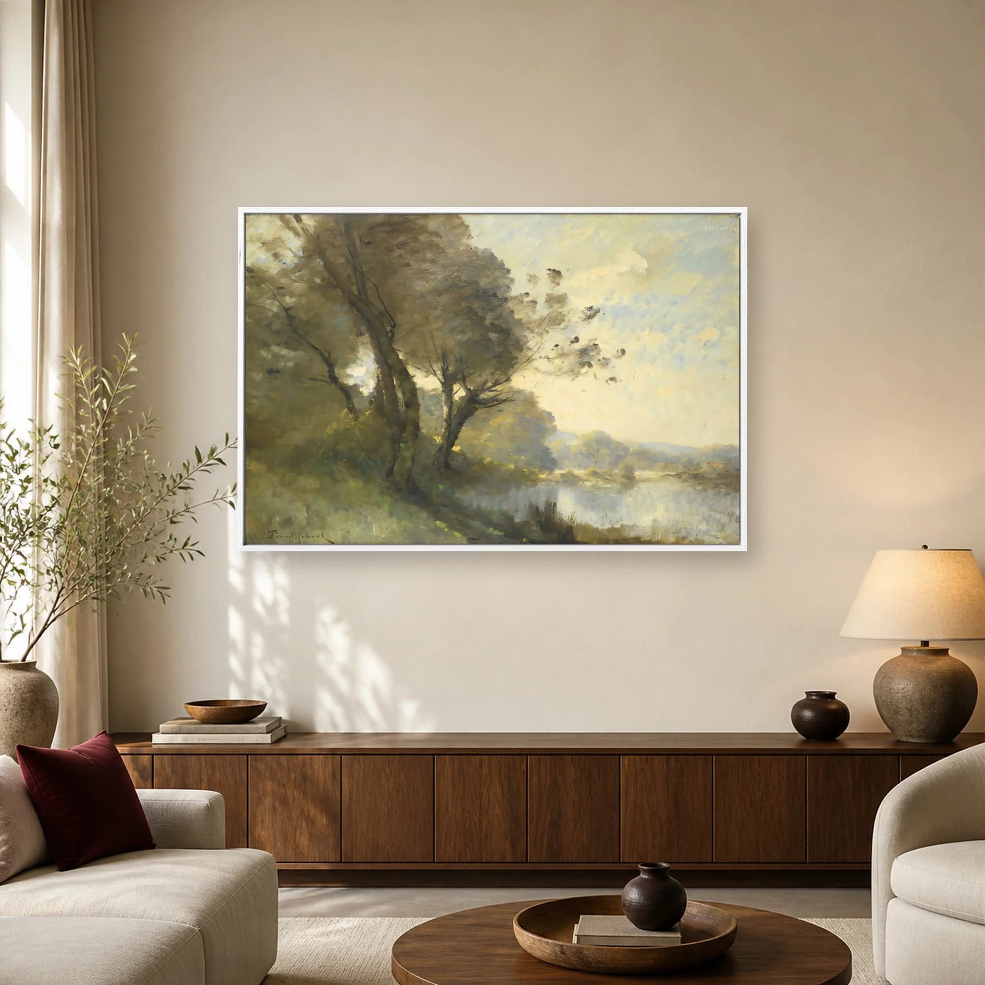 Riverbank Trees at Dusk Impressionist Landscape Art Print, view 2