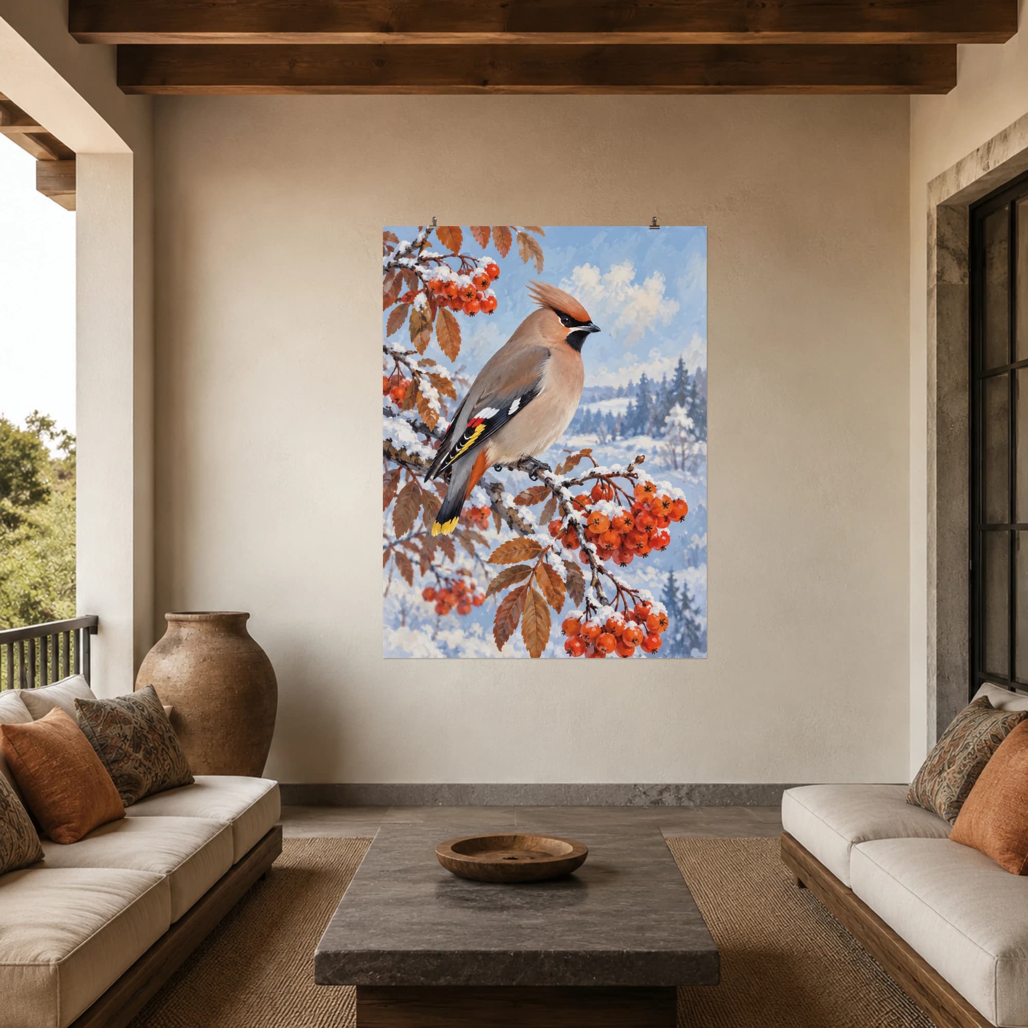This gouache-style composition features a waxwing perched on a rowan branch with orange berries and soft blue winter sky. Expressive brushwork and carefully balanced color bring a distinctive focal point to your wall.