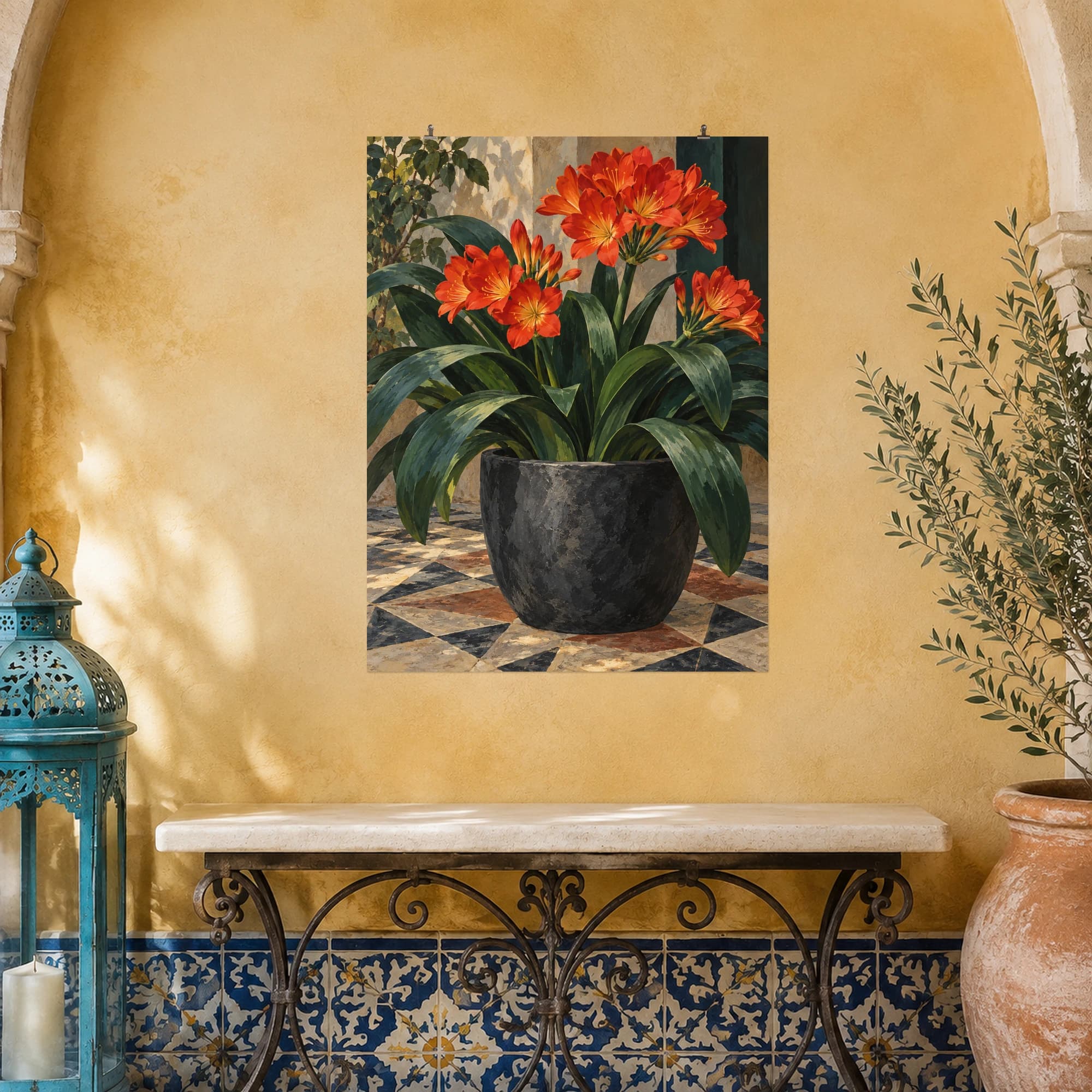 This gouache-style composition features vermilion clivia flowers above broad dark green leaves in a charcoal planter on a patterned stone floor. Expressive brushwork and a balanced palette bring warmth and character to your space.