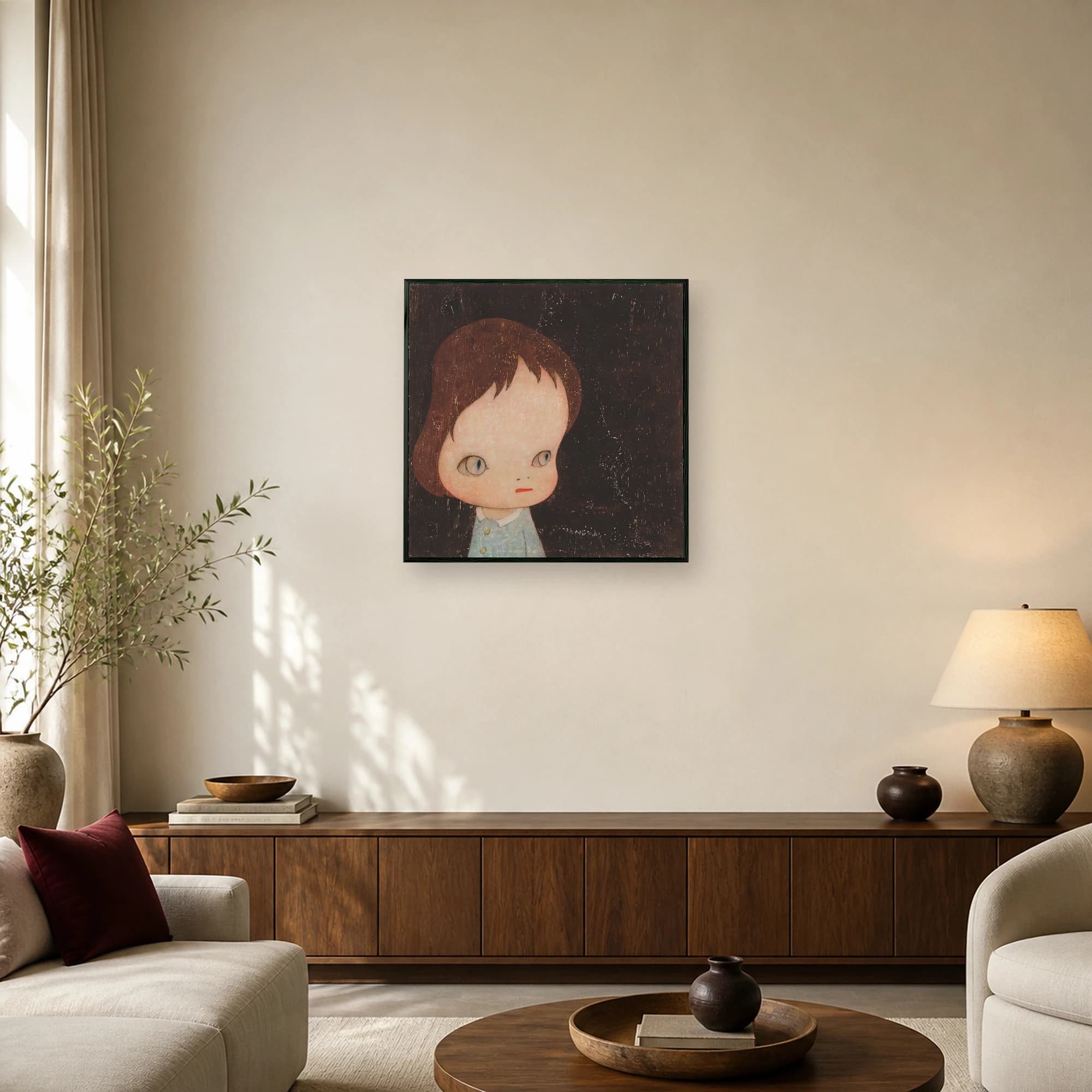 A striking pop surrealism portrait of a young girl with an oversized head, large expressive eyes, and a blue collared shirt against a dark textured background.