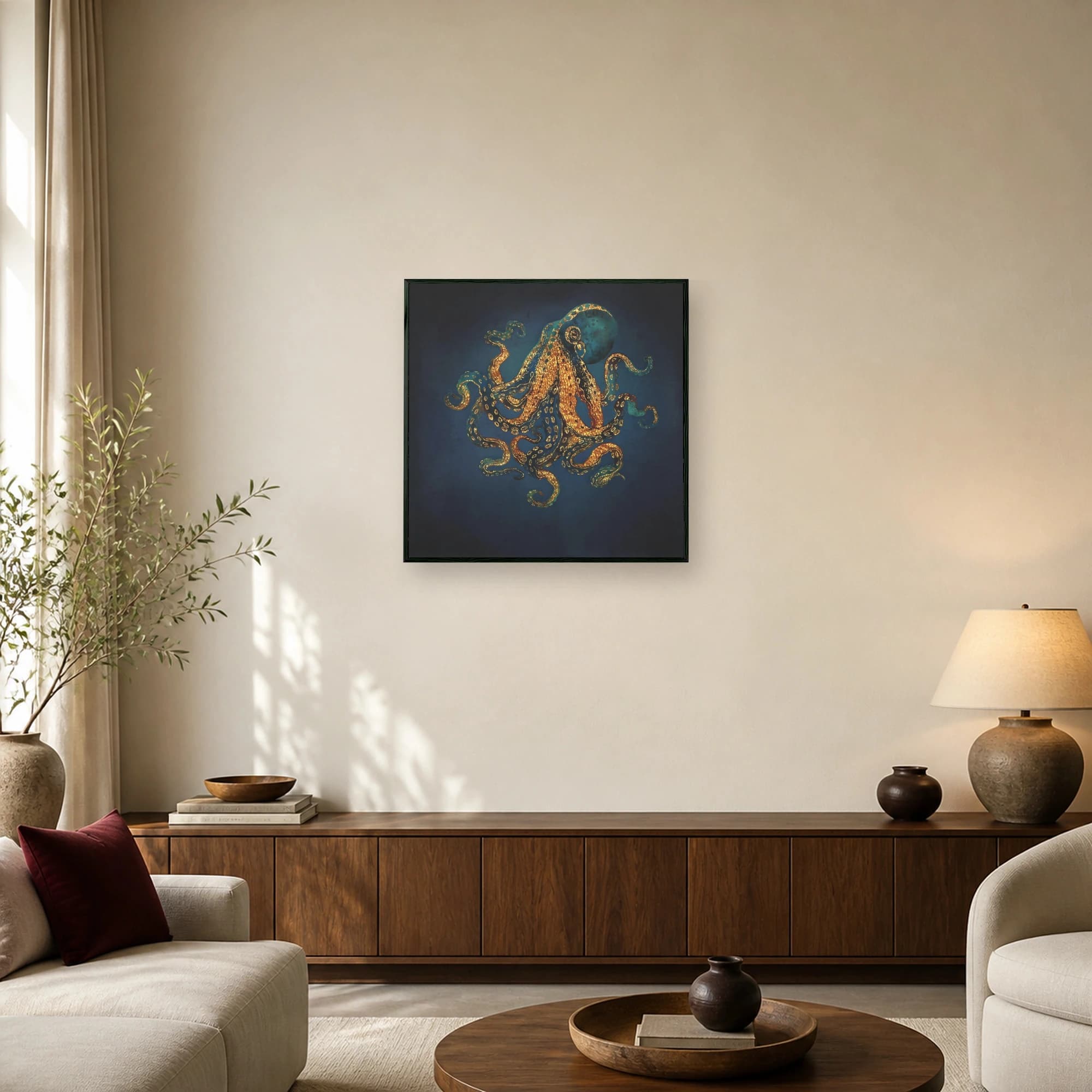 An intricate octopus with glowing golden tentacles and textured skin positioned against a dark blue background.