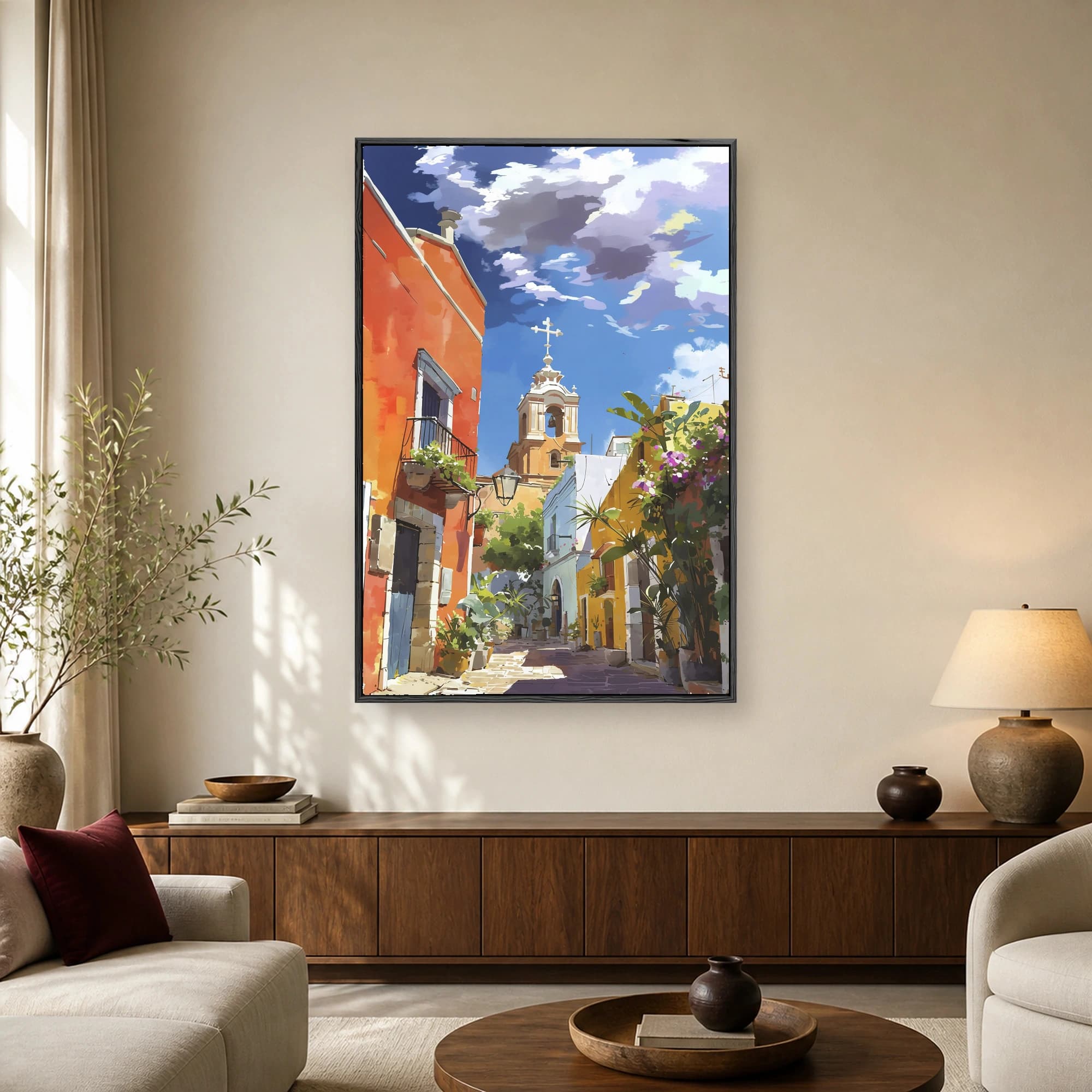 Digital painting of a sunny street with orange buildings, a church tower, and purple flowers.