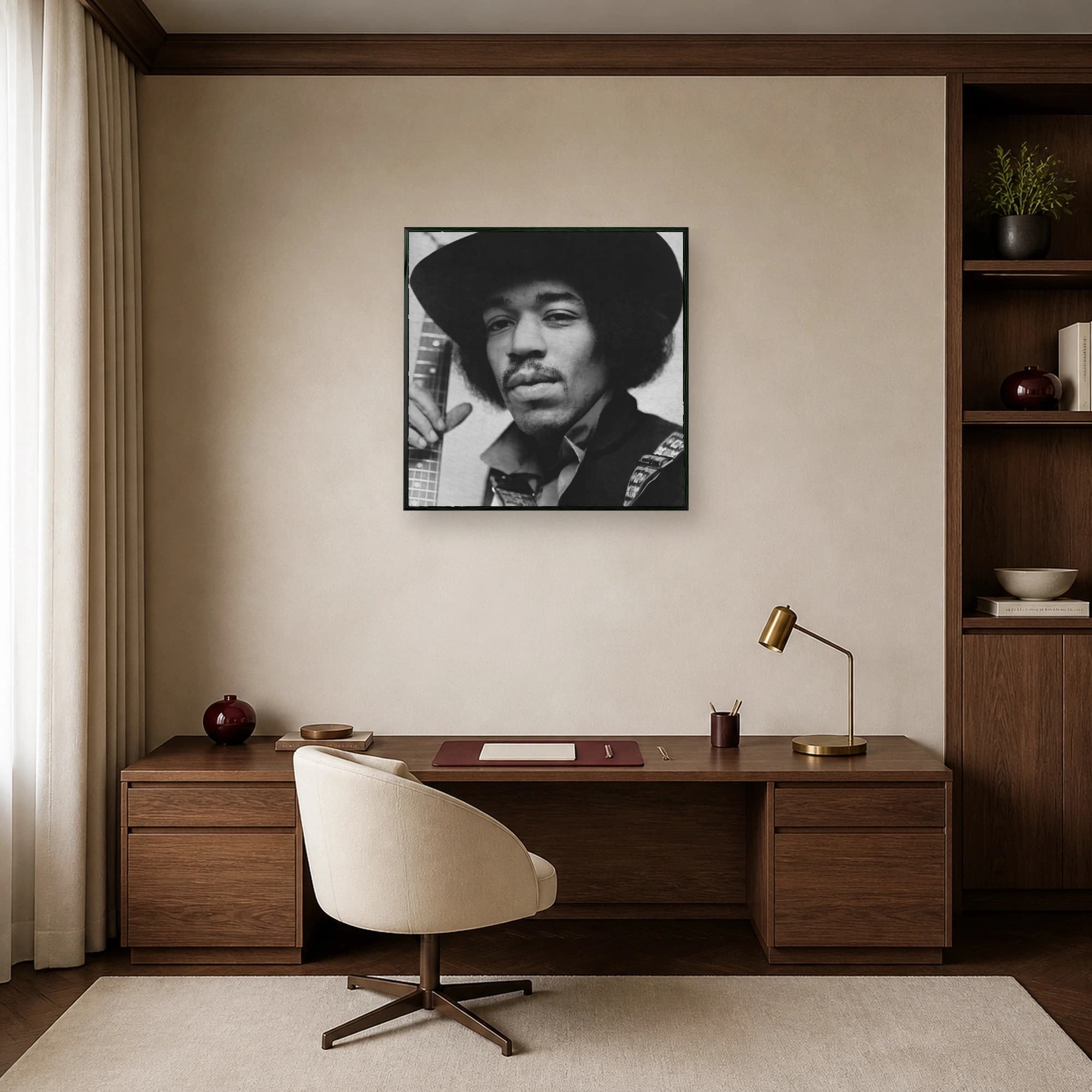 Black and white portrait of Jimi Hendrix wearing a wide-brimmed hat and holding a guitar neck, looking intensely at the camera.