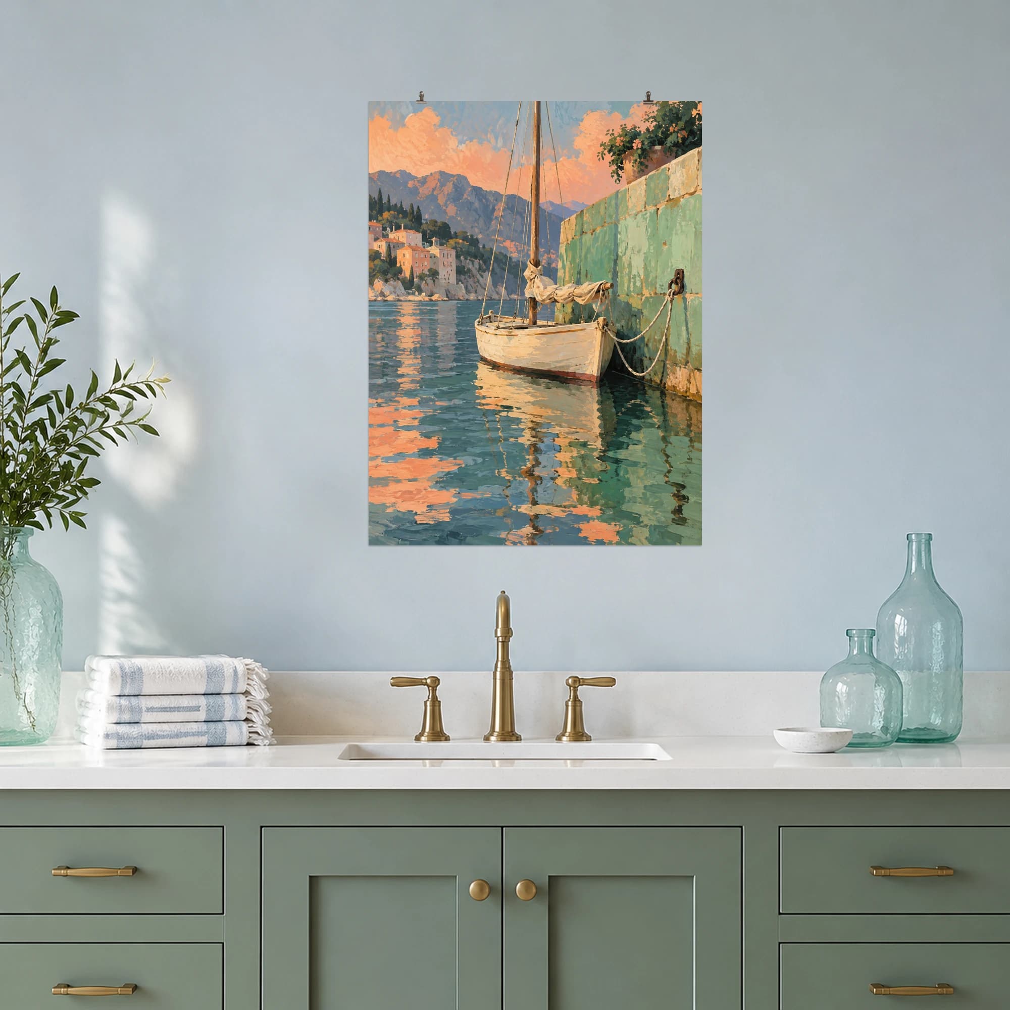 This gouache-style composition features a small cream sailboat with furled sails resting beside a mint green harbor wall, peach reflections and loosely painted mooring ropes. Expressive brushwork and a balanced palette bring warmth and character to your space.
