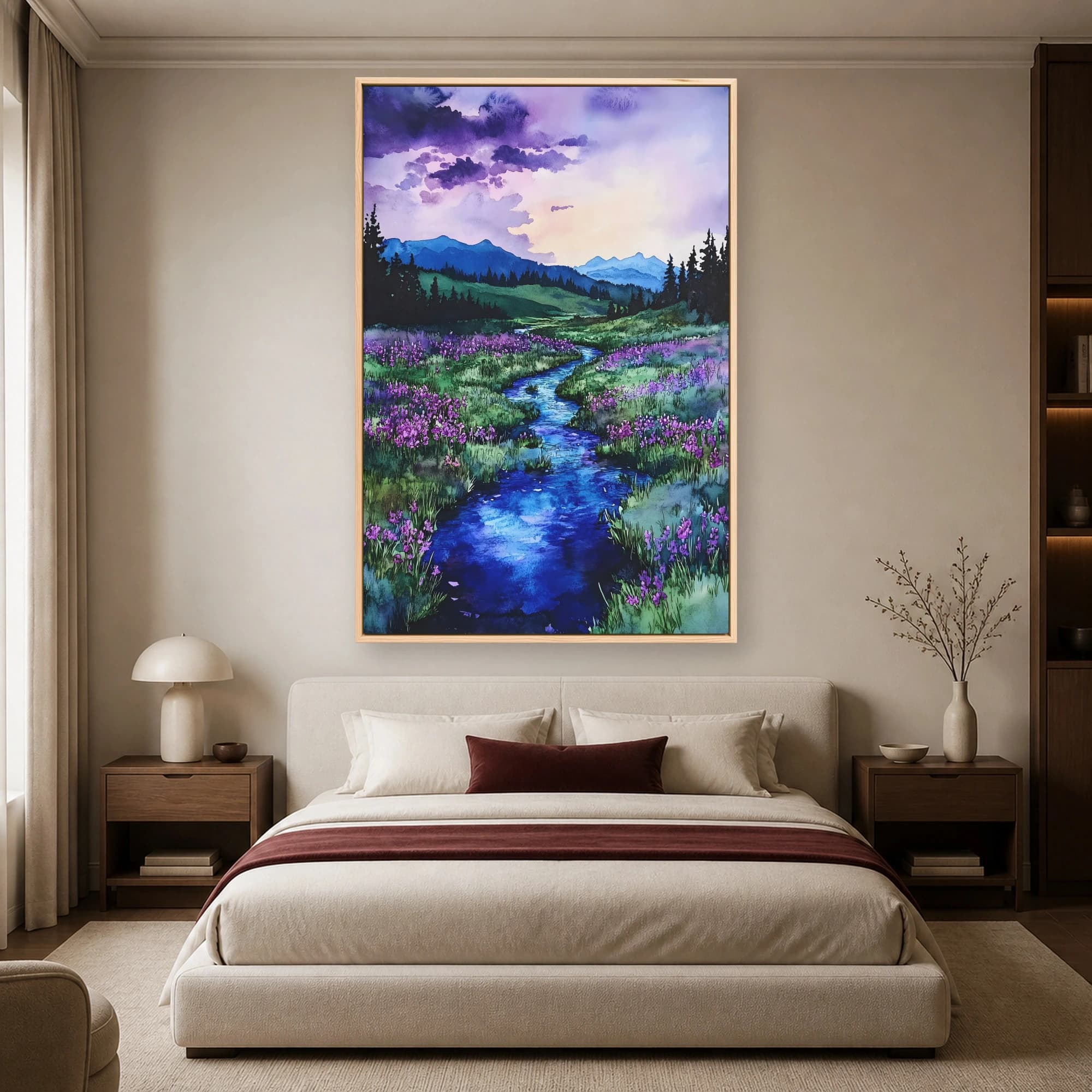 Purple Valley River Watercolor Landscape Wall Art, view 3