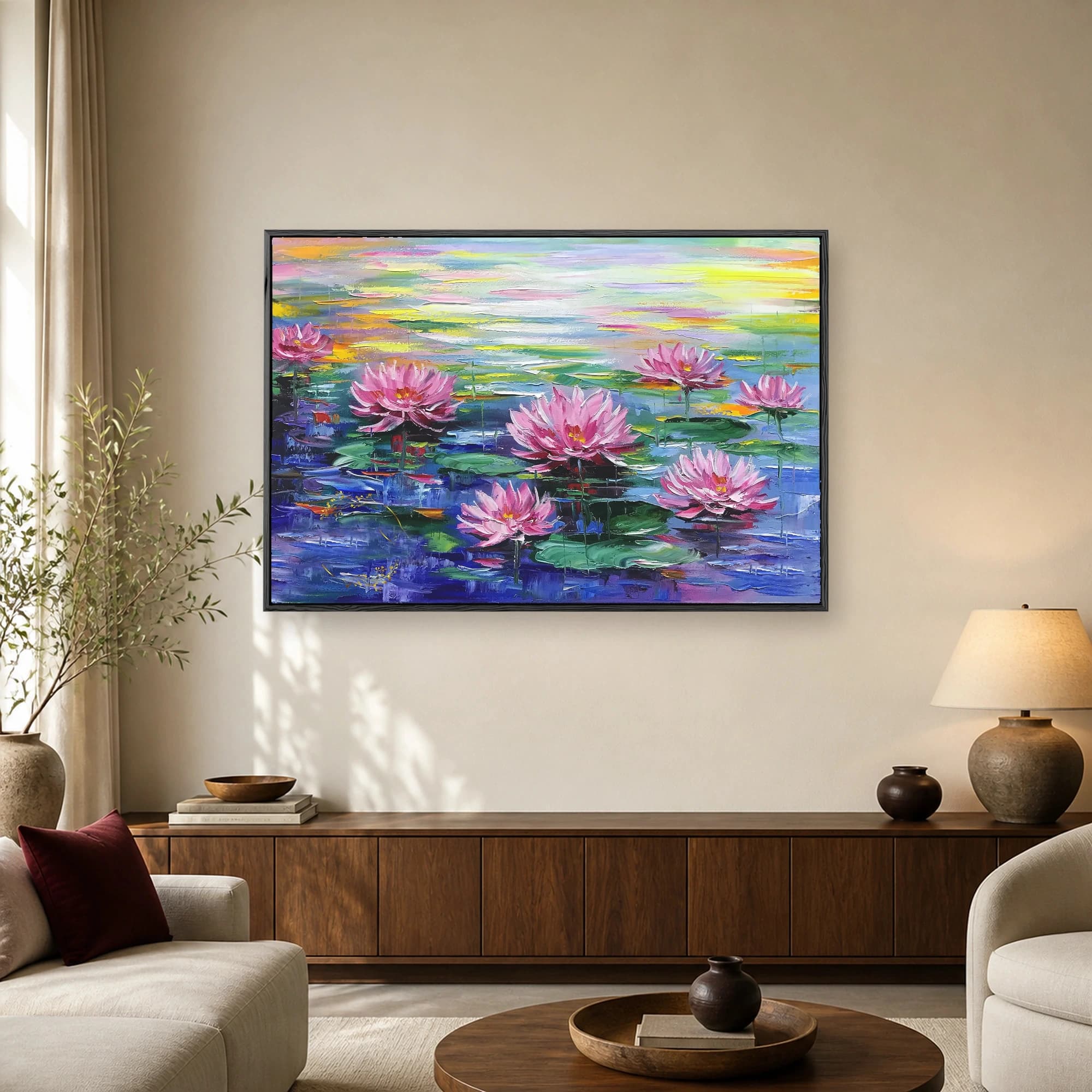 Textured impasto painting of vibrant pink water lilies floating on a tranquil blue and green pond with colorful reflections