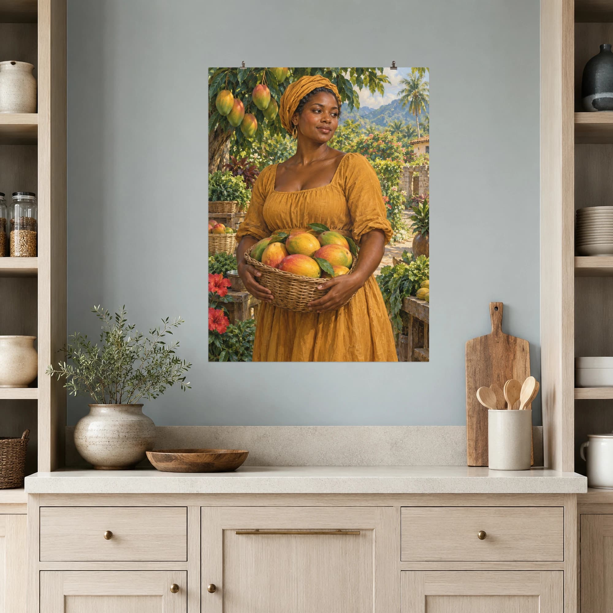 A woman in an ochre dress holds a basket of mangoes in a lush market setting. Warm color and a three-quarter portrait composition give the scene a grounded, personal feel.
