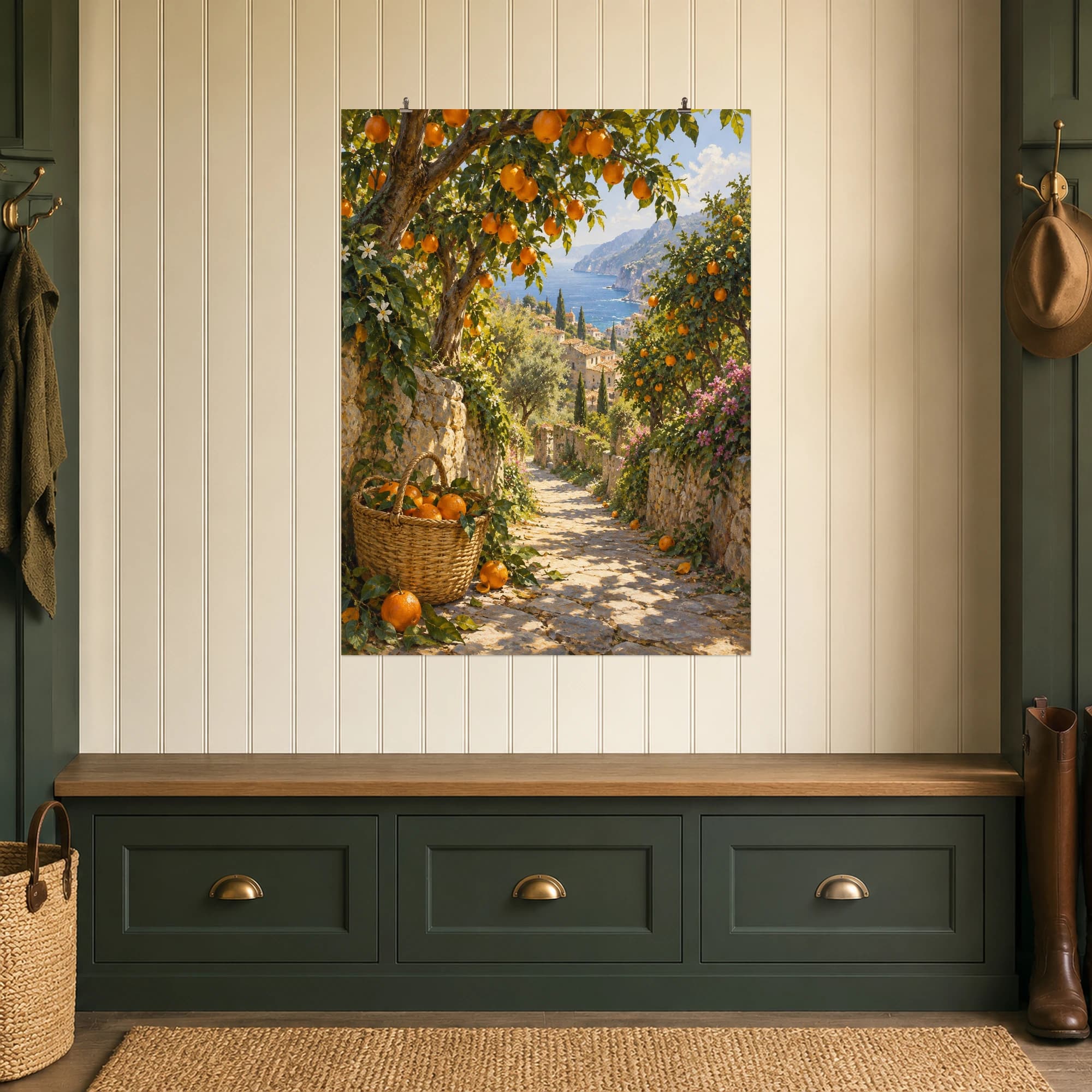 A path winds through orange trees laden with ripe fruit. A harvest basket and distant coastal light complete the sunlit orchard scene.