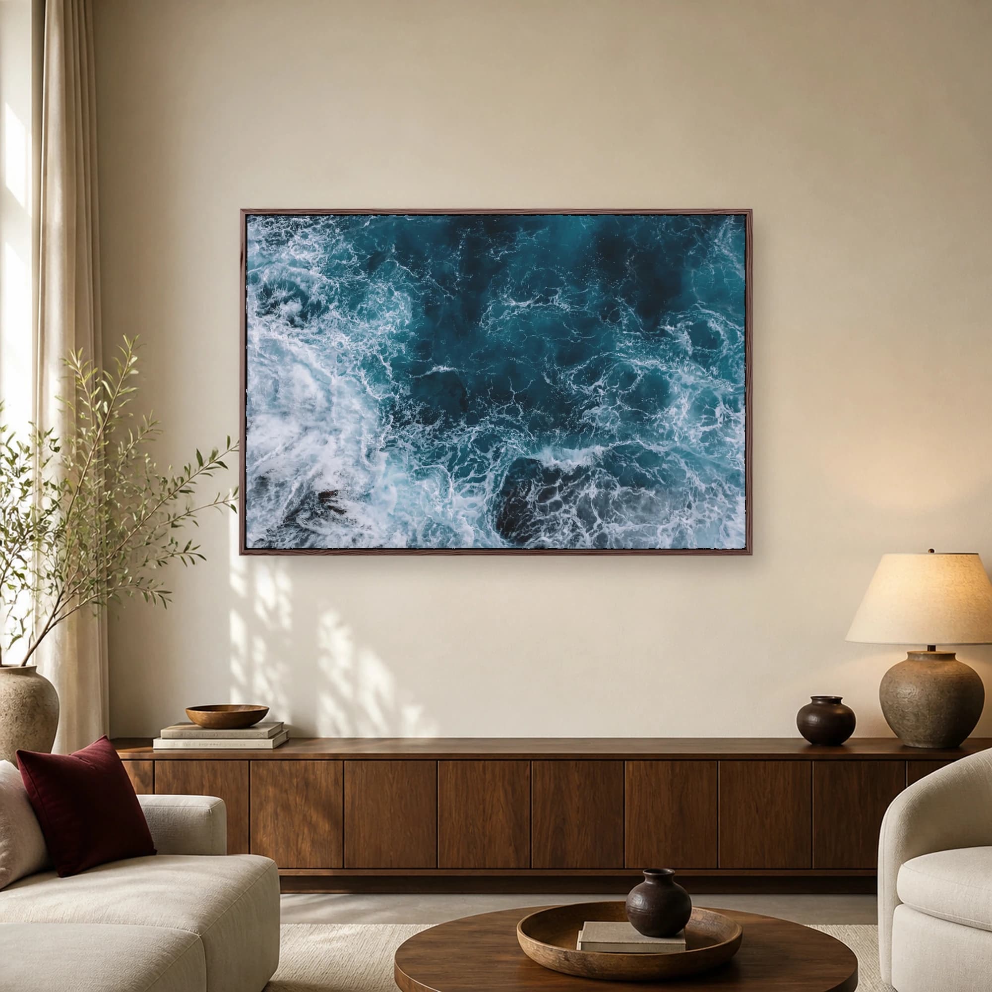 Overhead aerial photograph of deep blue ocean water with swirling white sea foam and breaking waves against dark rocks.